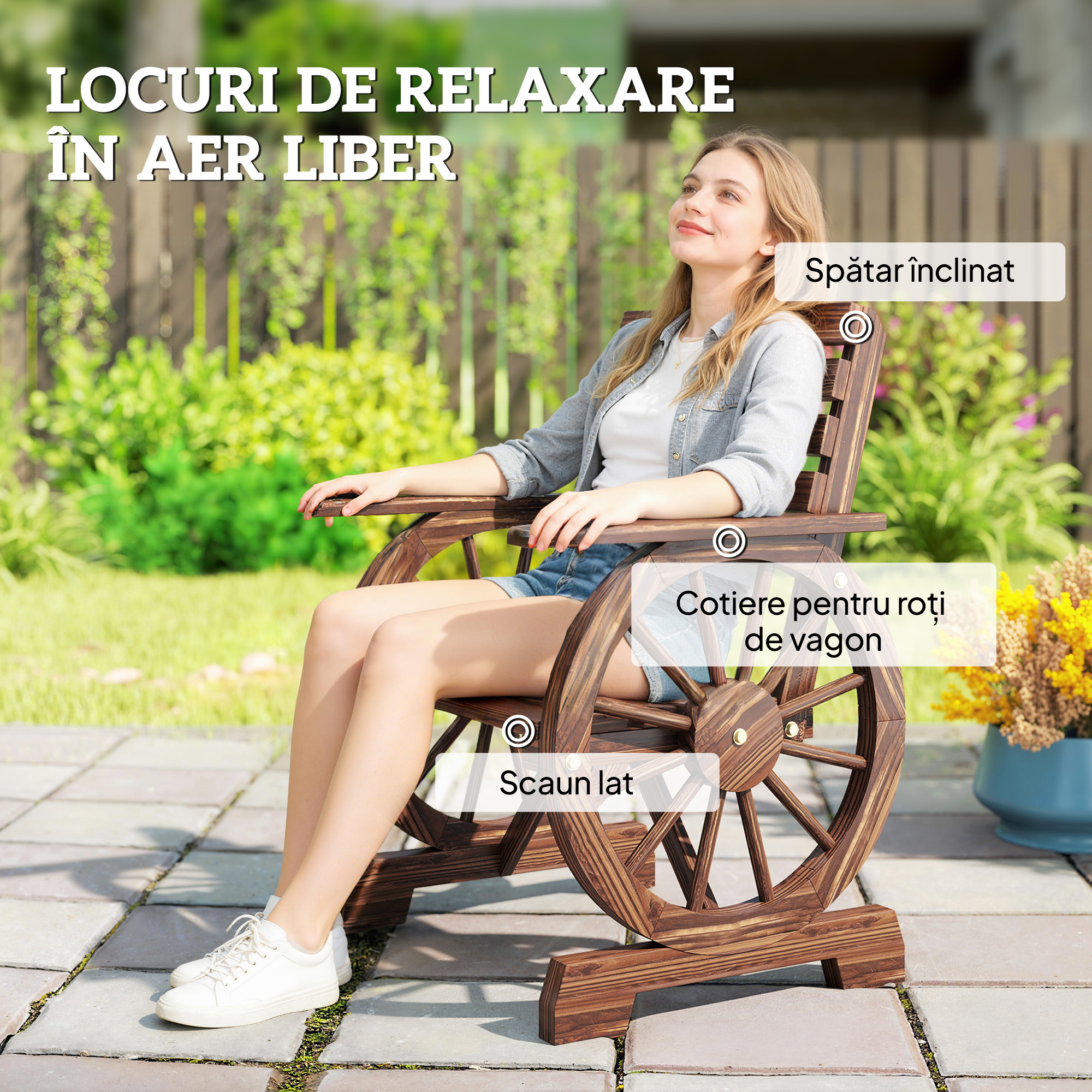  Banca de Gradina din Lemn cu Lamele 1 Loc, Scaun de Exterior cu Cotiere si Roata, Fotoliu din Lemn Masiv, sezut Spatios, Spatar inclinat, Gradina, Curte, Veranda, Finisaj Carbonizat [5]