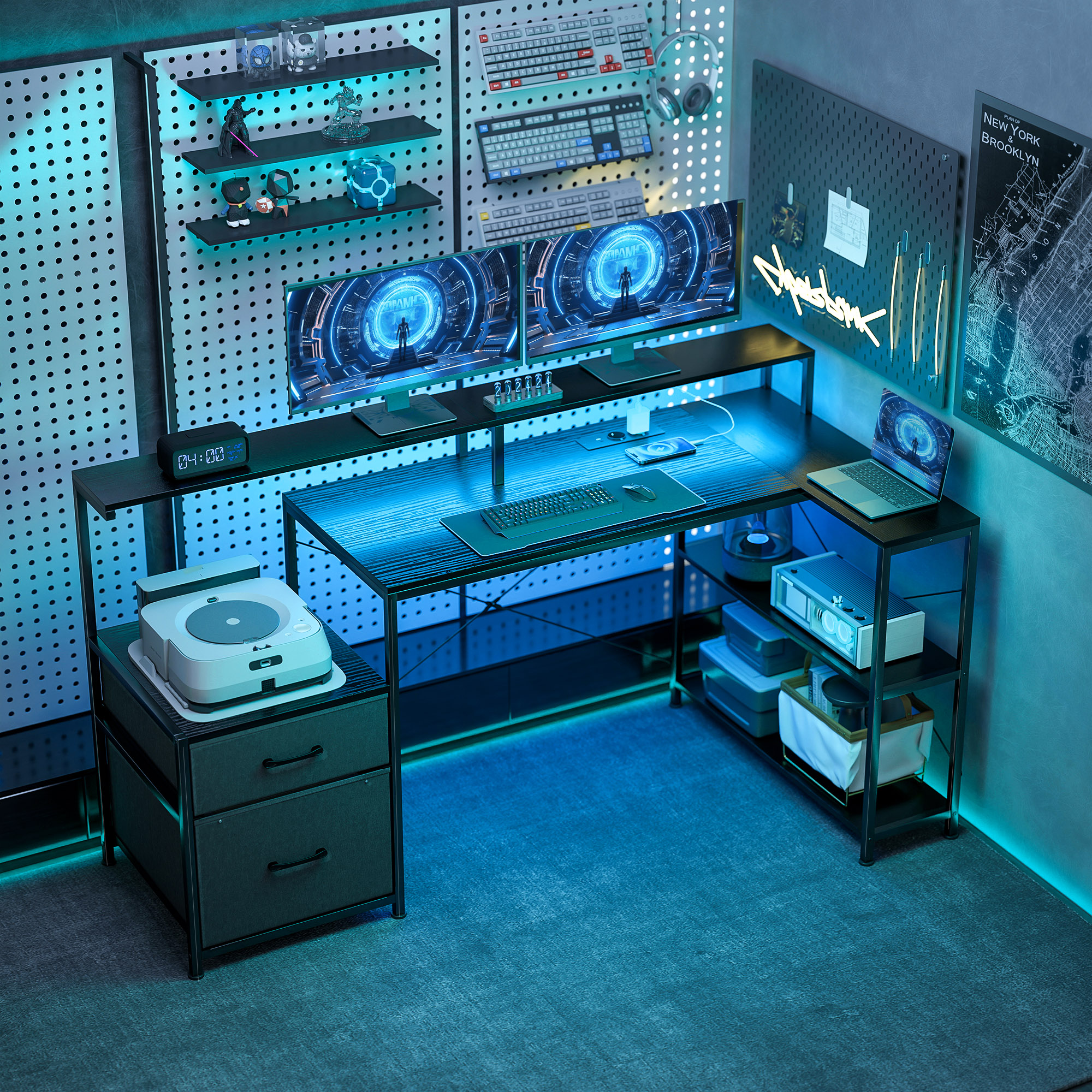  Birou Gaming cu Spatii de Stocare si 2 Suporturi pentru Monitoare, din Lemn si Otel, 165x80x91.5 cm, Negru [1]