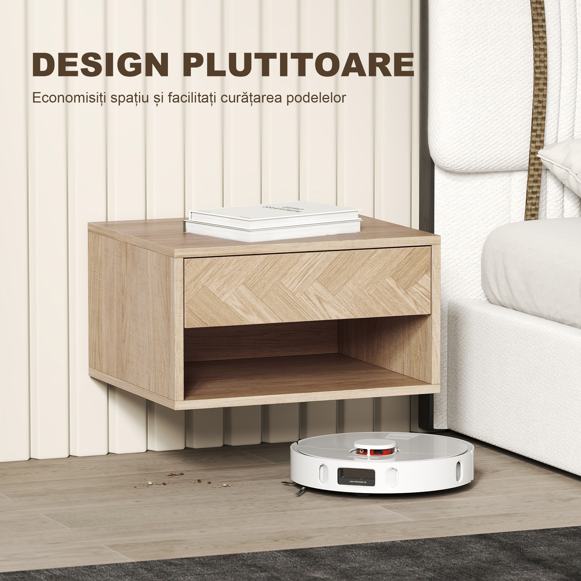  Set de 2 Noptiere Suspendate cu Sertar si Compartiment 37x32x21 cm Lemn Natural [4]