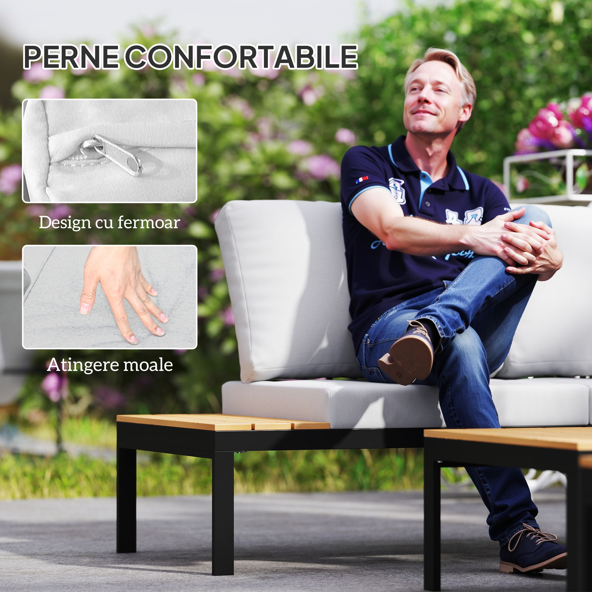  Set de Gradina 4 Piese cu 2 Canapele pentru 2 Persoane si 2 Mese din Metal si Lemn Compus, Gri-Negru si Teak [5]