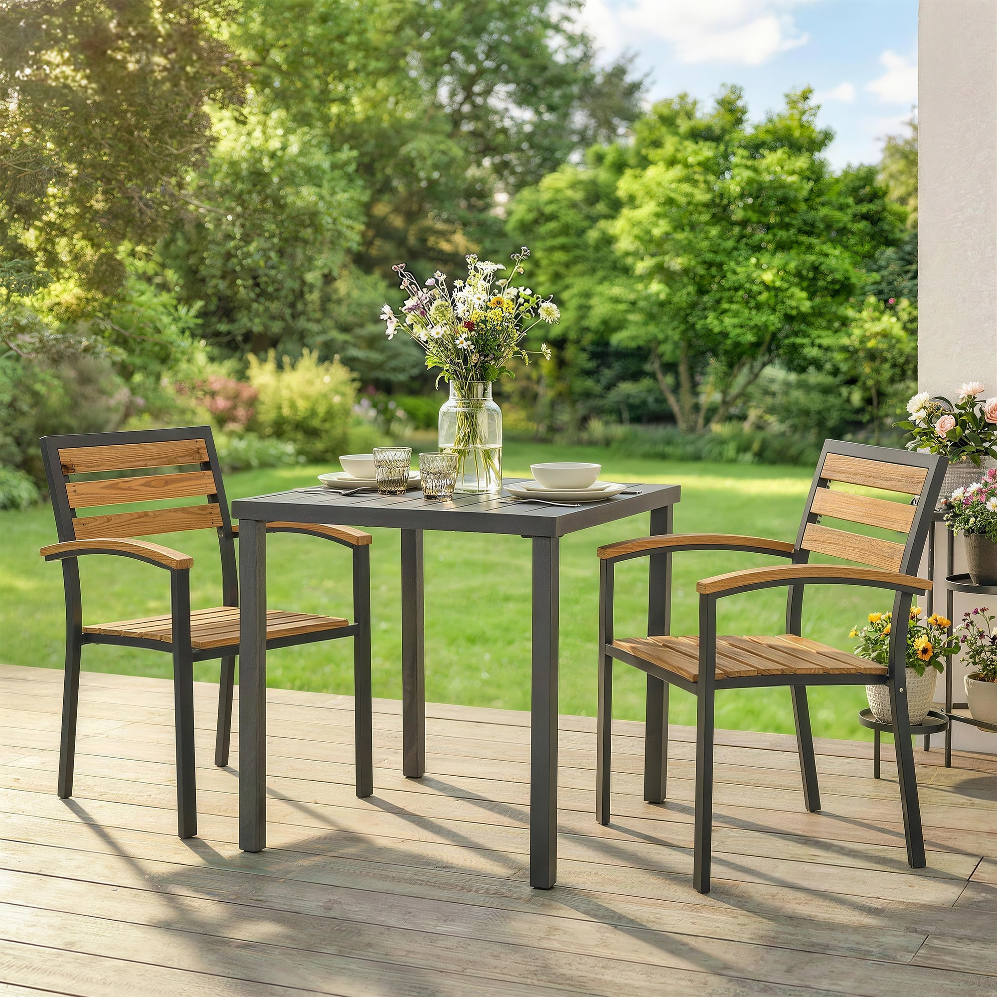  Set de 2 Scaune Stivuibile pentru Exterior din Lemn cu Finisaj Natural. [1]