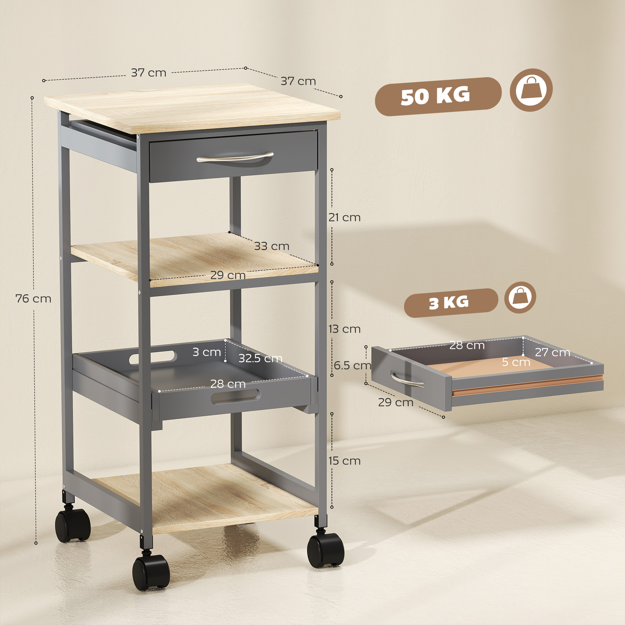  Carucior de Bucatarie pentru Servire cu Sertar, 2 Rafturi si Tava Detasabila, 37x37x76cm, Gri [2]