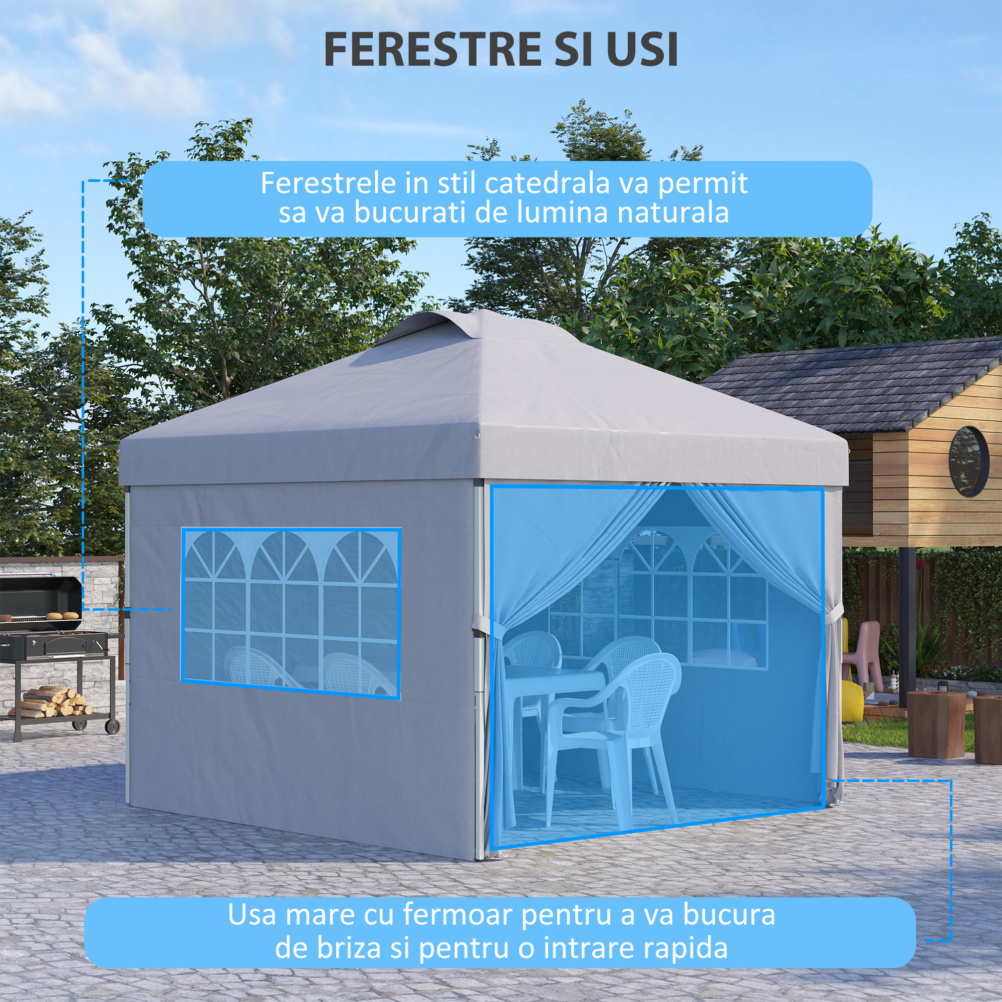  Pavilion Pliabil cu inaltime Reglabila, Usa, 2 Ferestre si Geanta de Transport, 297x297x284 cm, Gri Deschis [5]