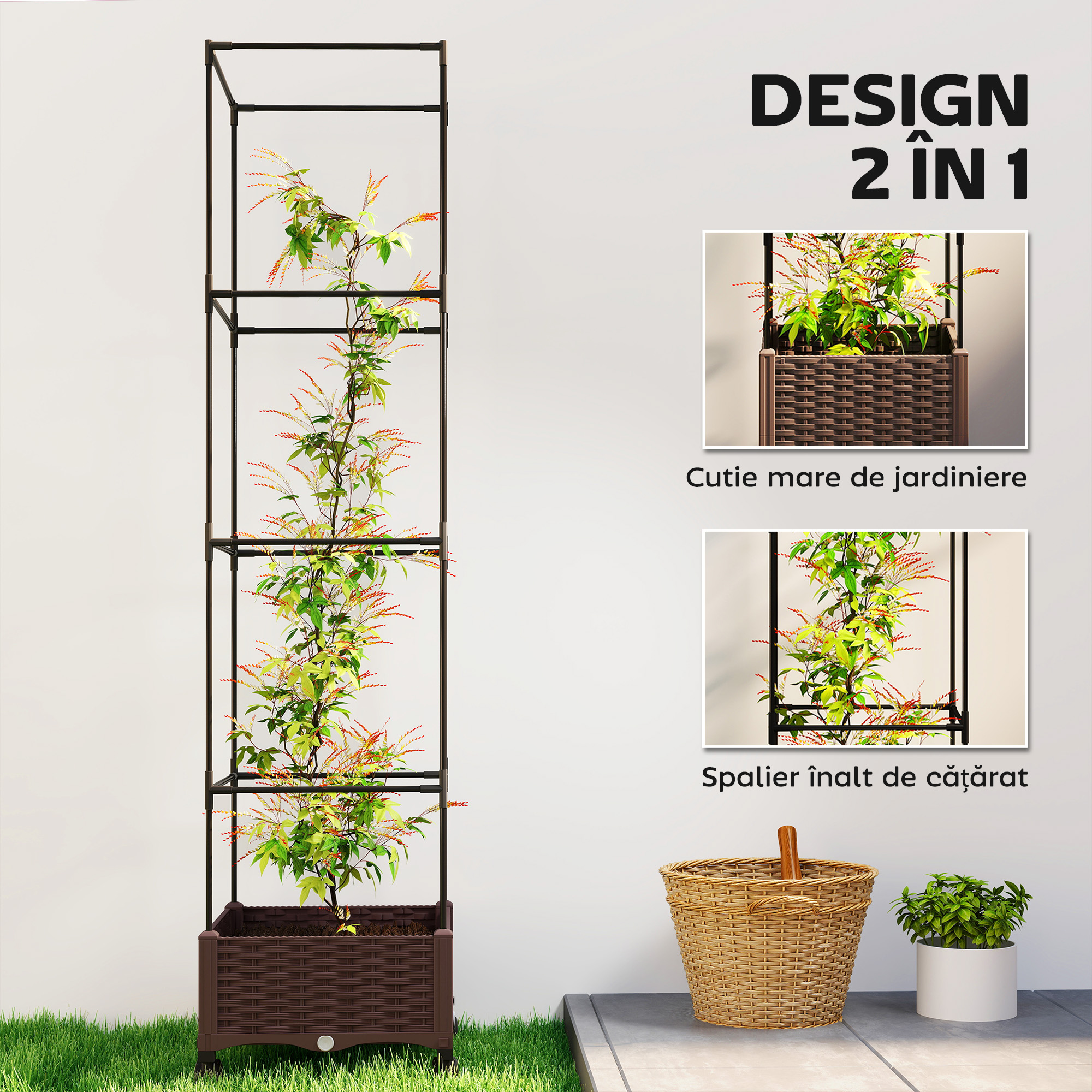  Jardiniera inaltata cu Spalier 20L, Roti Blocabile si Sistem de Autoirigare, Maro [3]