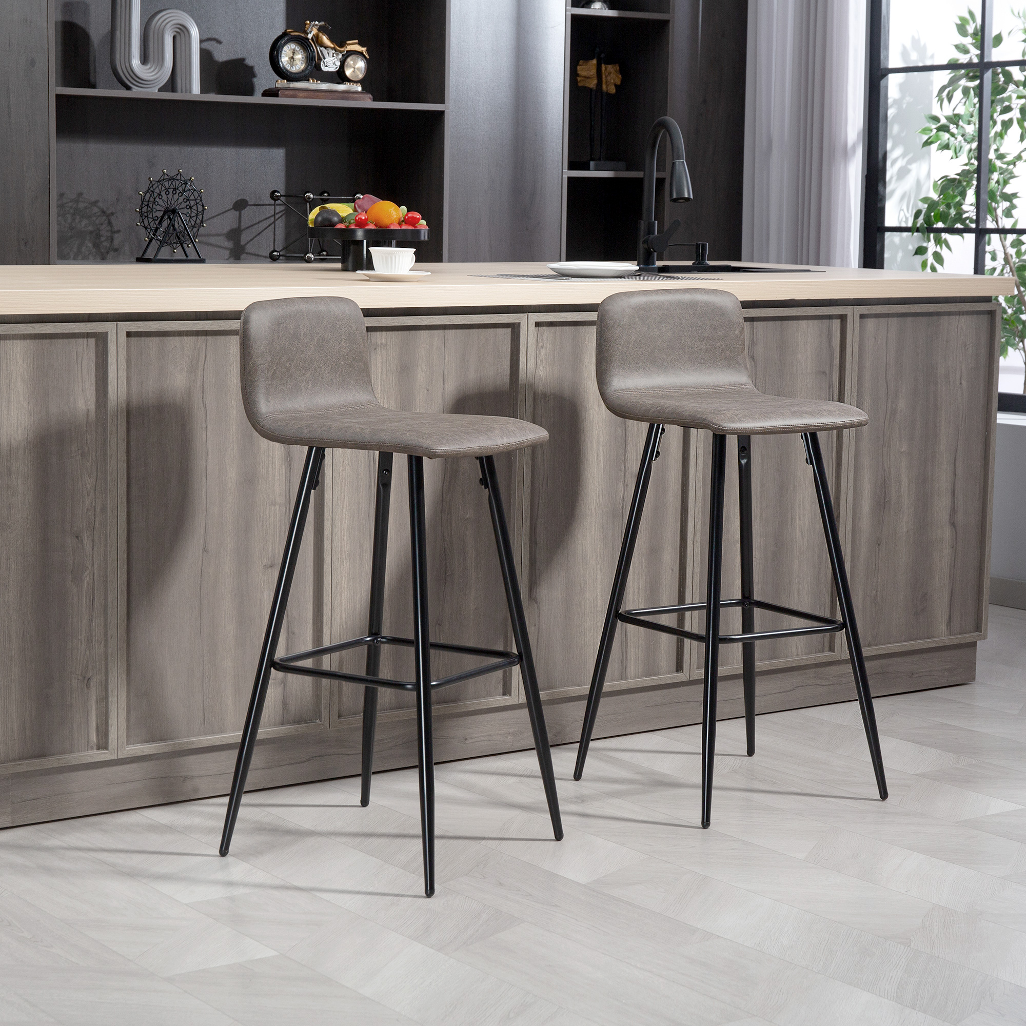  Set 2 Scaune de Bar cu Spatar si Suport pentru Picioare din PU si Otel Maro [1]