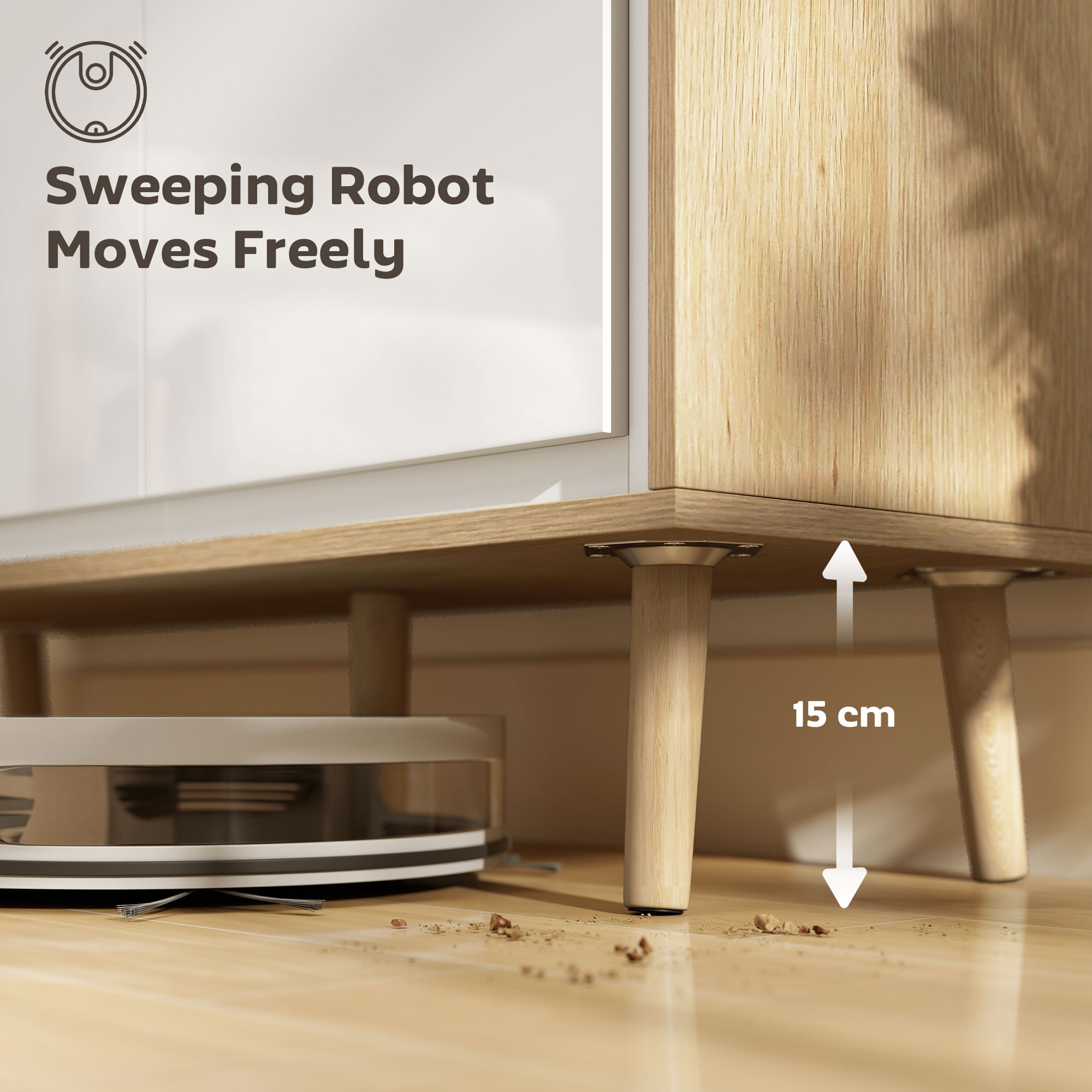  Bufet Modern cu 4 Usi si Raft Reglabil, 141x35x77 cm, Alb Lucios si Stejar [6]