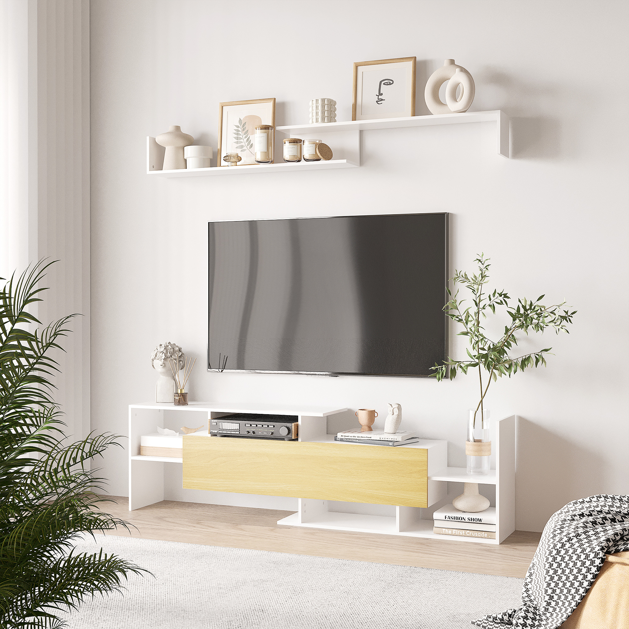  Mobilier TV 153,6×25×42 cm - Alb cu Rafturi si Dulap Perete [1]