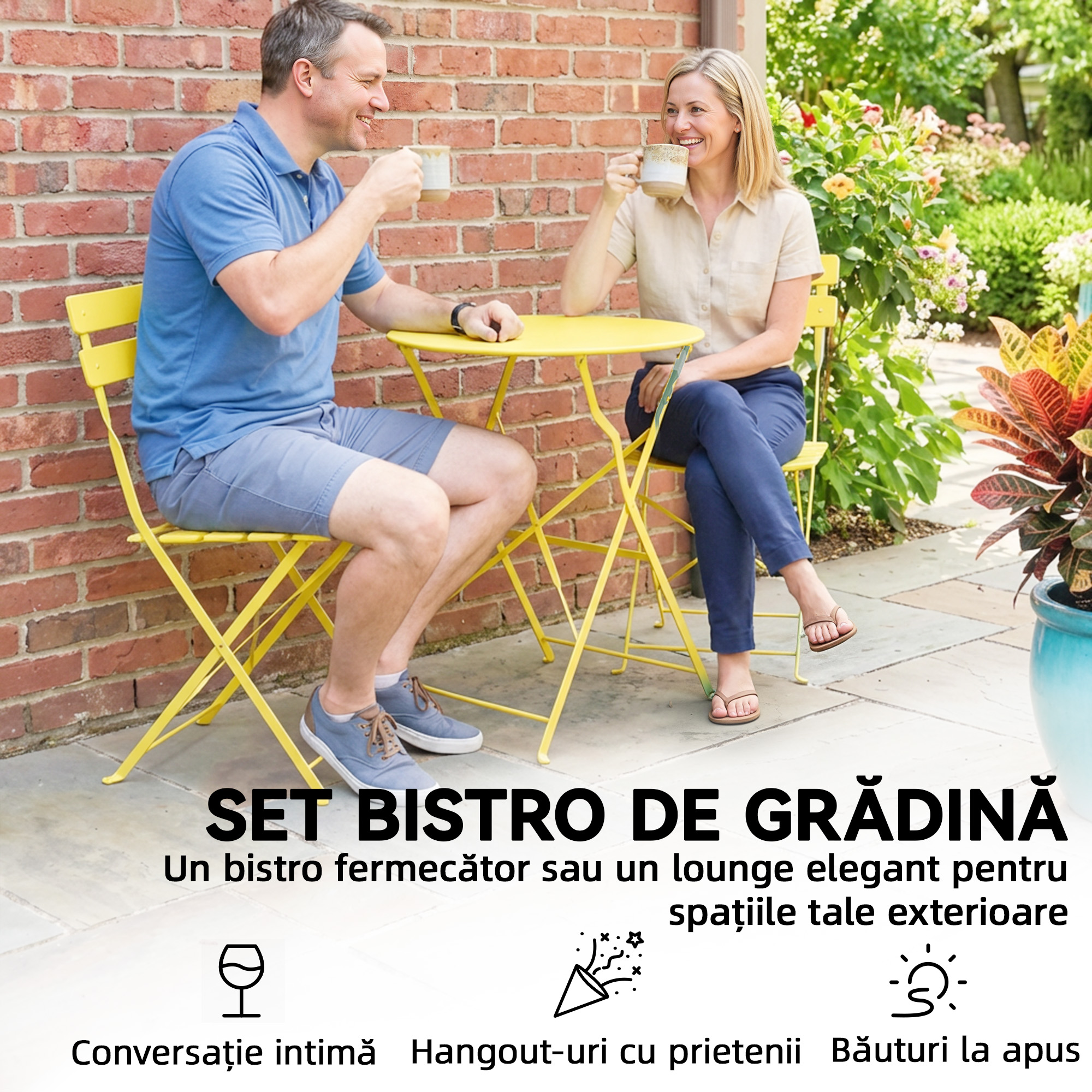  Set Bistro, Masa si Scaune Pliabile pentru 2, Gradina, Galben. [4]