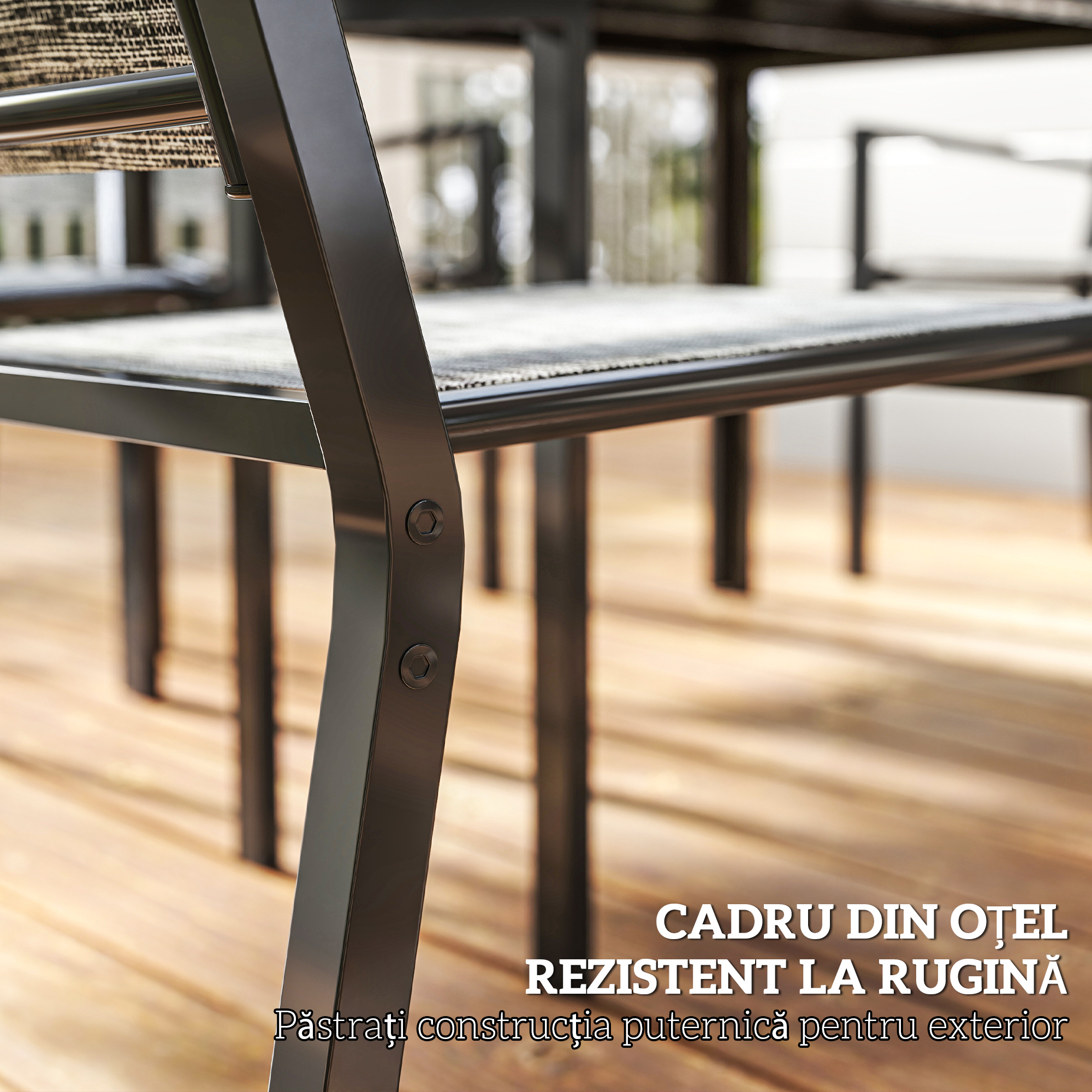  Set Masa de Gradina cu Scaune, 7 Piese, Set de Pranz cu Masa cu Blat din Lemn Compozit cu sipci si 6 Scaune de Exterior Stivuibile, Mobilier din Otel cu Texteline, Gri si Negru [5]