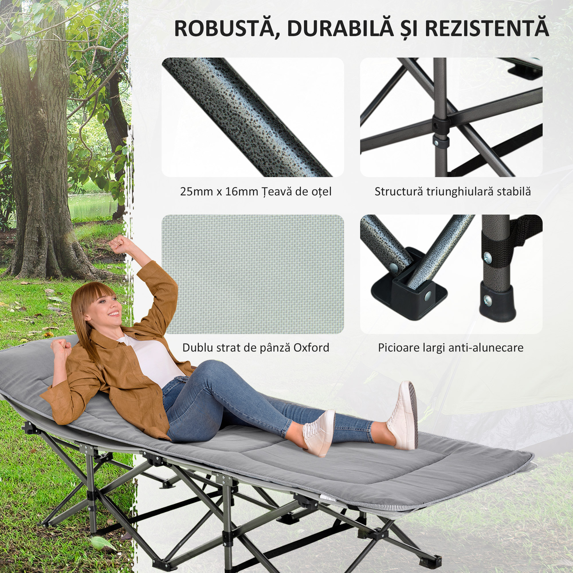  Pat Pliabil pentru Camping cu Buzunare de Depozitare si Geanta de Transport, Pat pentru Camping, 188x64.5x53 cm, Gri [4]