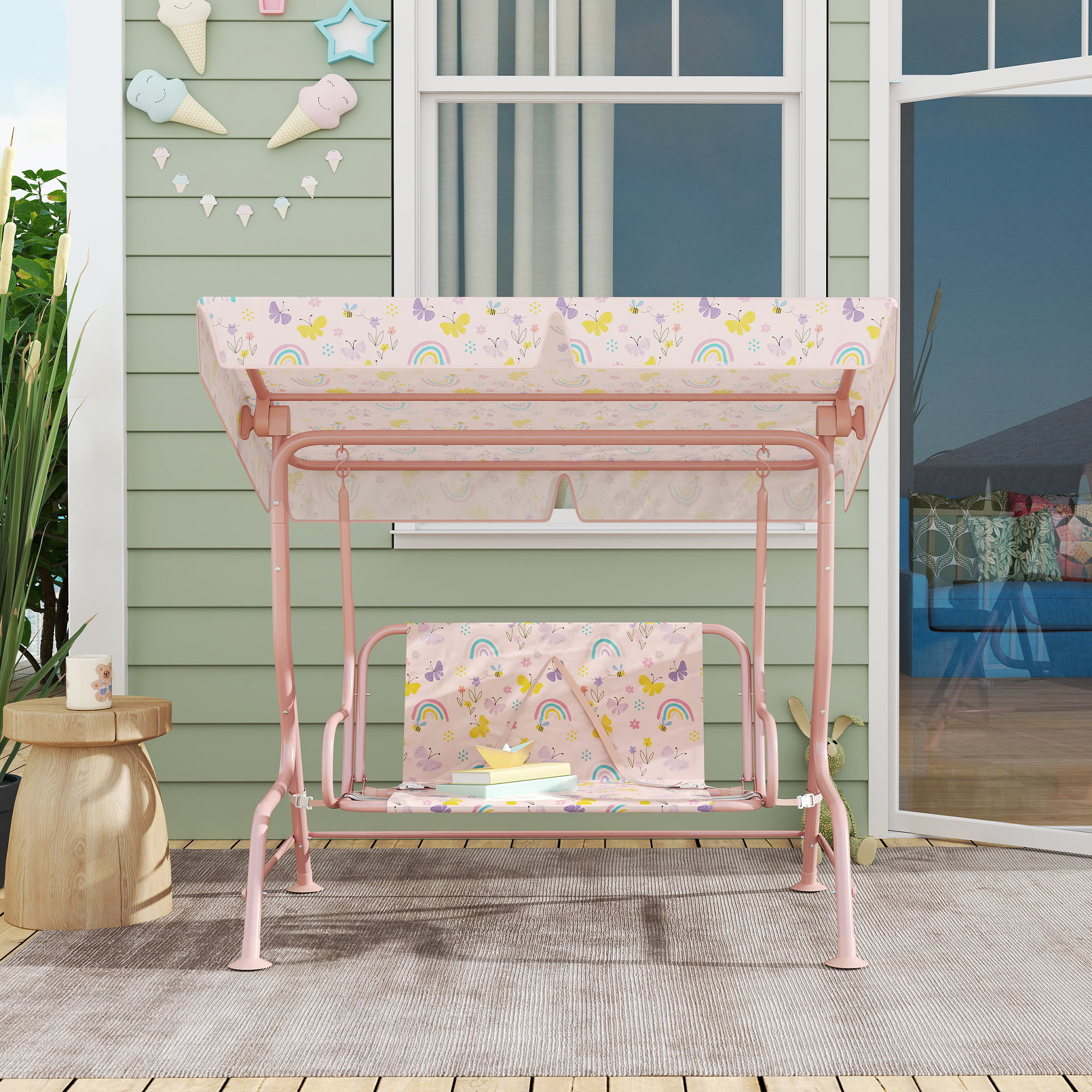  Leagan pentru Copii cu Copertina Reglabila si Centura de Siguranta, 120x112x75 cm, Roz [7]