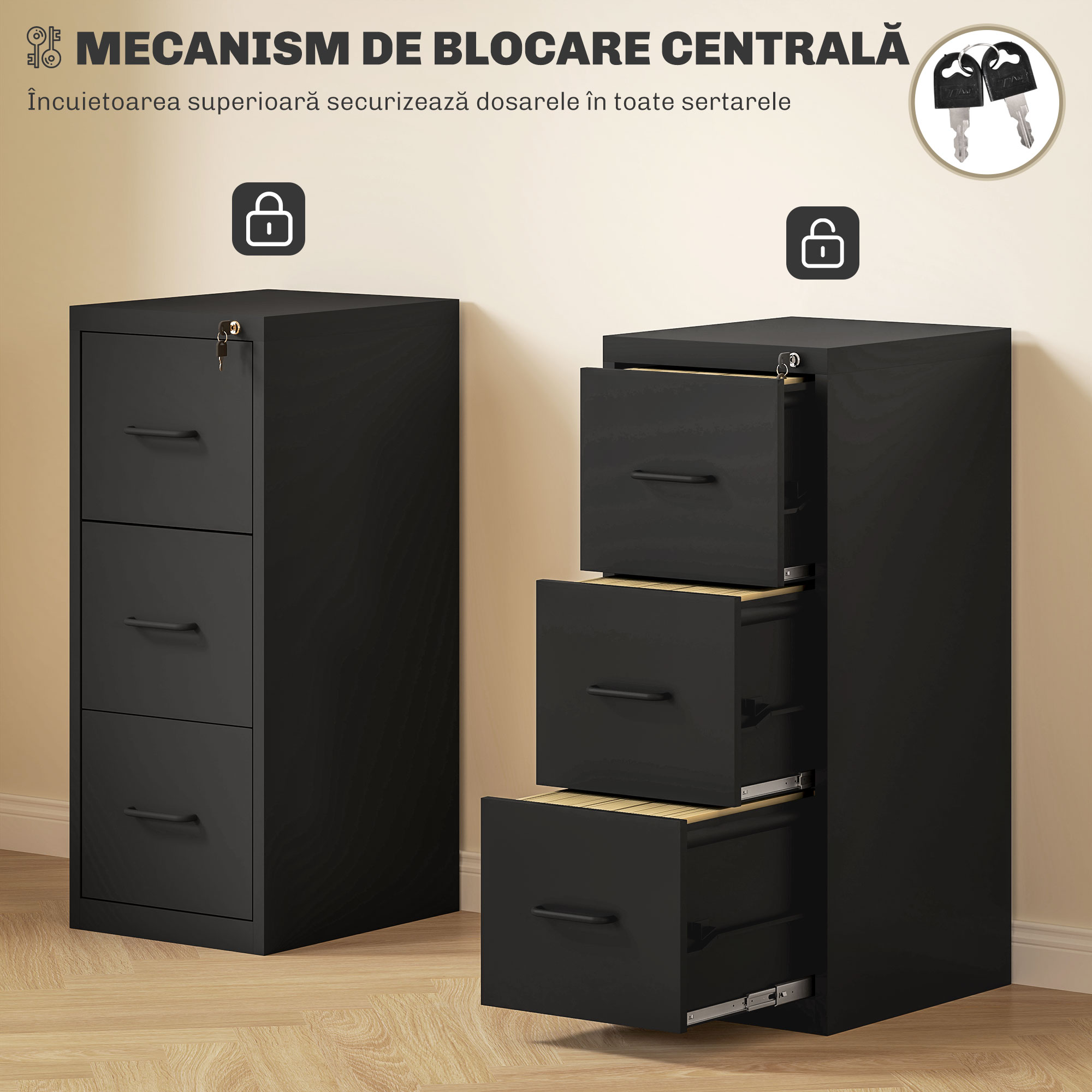  Fiset Minimal pentru Documente cu 3 Sertare si Bara Reglabila, din Otel, 36.5x46.2x99 cm, Negru [4]