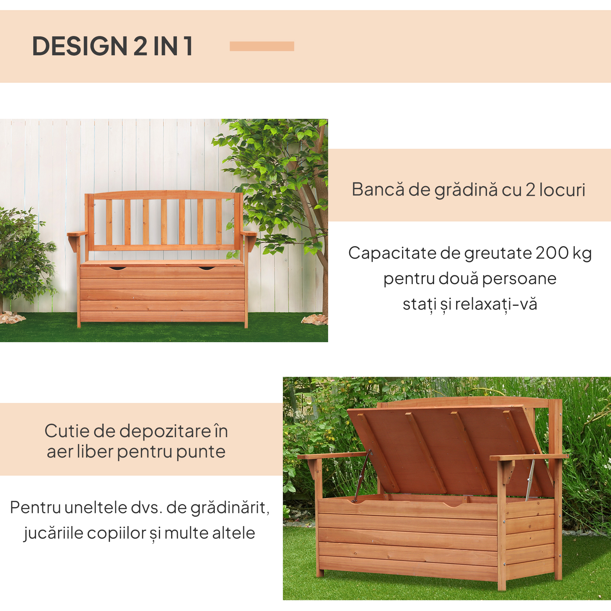  Bancuta de Gradina 2 Locuri cu Compartiment Recipient in Lemn, 112x58x84 cm [4]