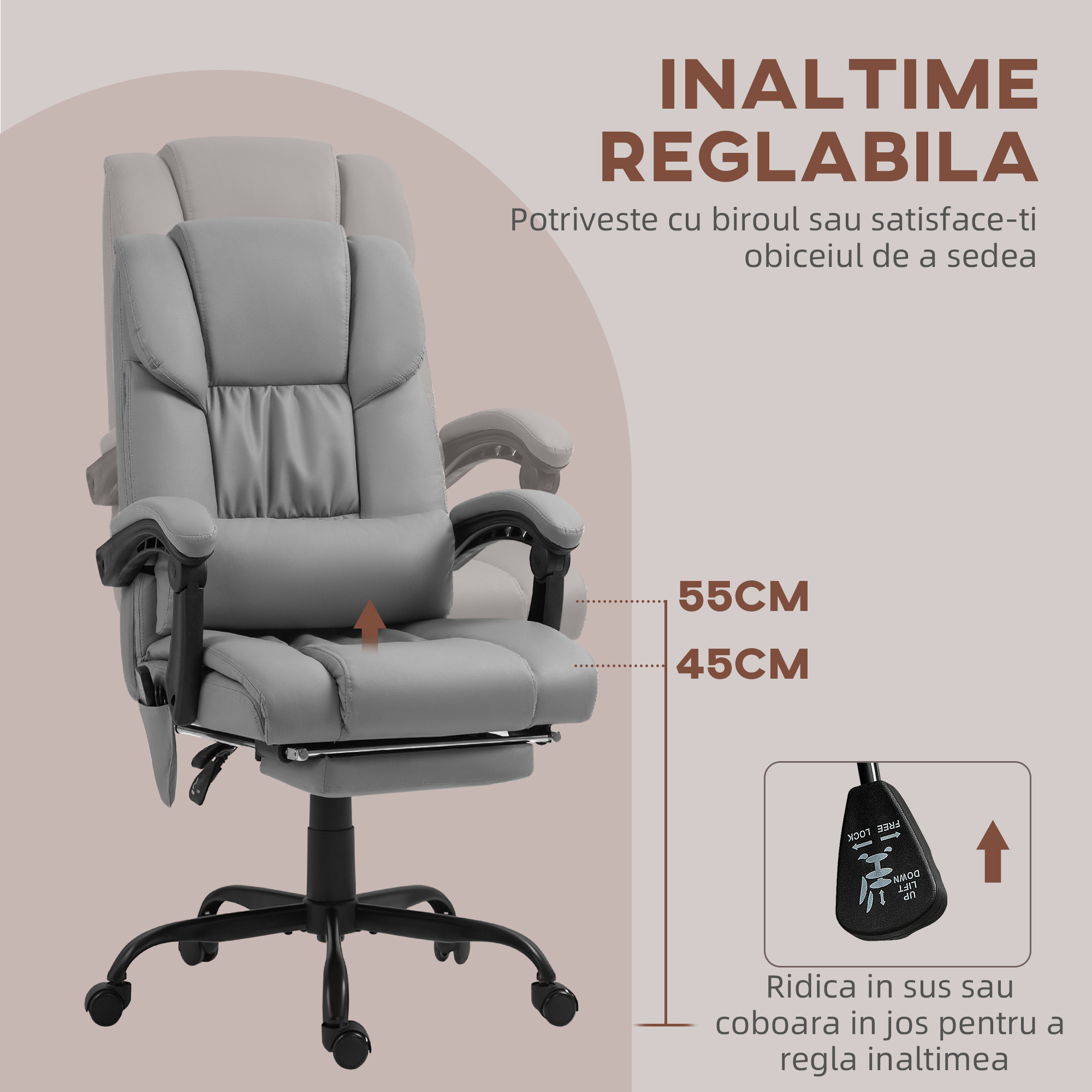  Fotoliu Reglabil pe inaltime cu Tetiera si Suport pentru Picioare din Piele Artificiala, 66x75x112-122 cm, Gri [3]