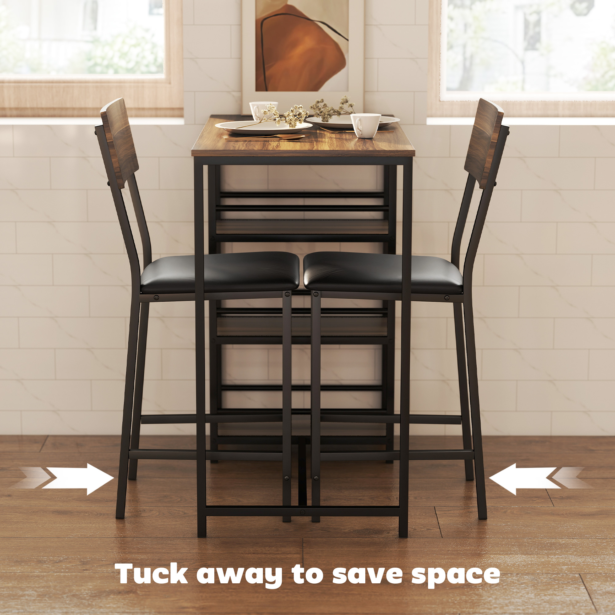  Masa de bar cu 3 rafturi si 2 scaune cu suport pentru picioare si spatar, din lemn si otel, negru si culoare nuc [5]