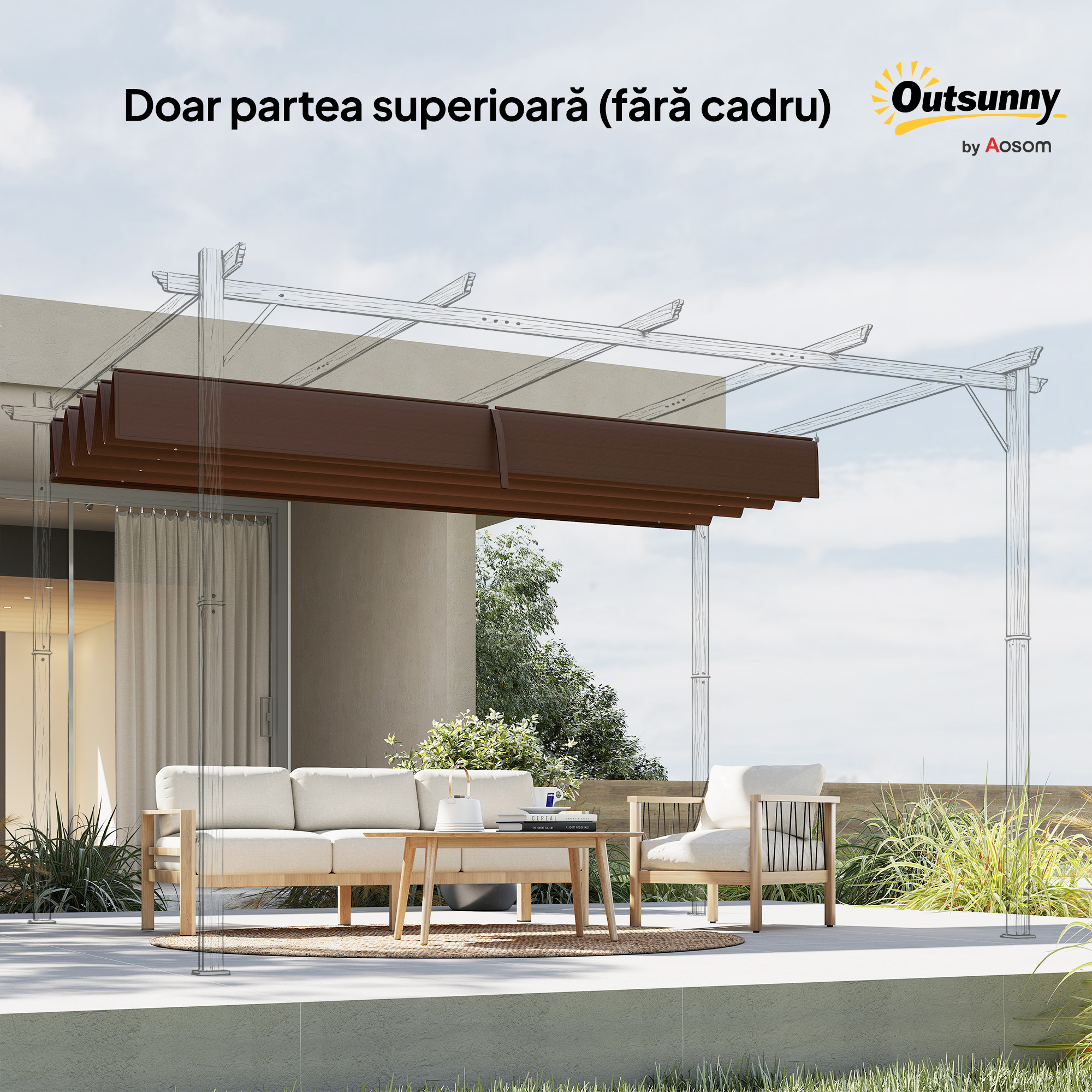  Acoperis Pergola, Copertina Retractabila pentru Pergola de 3 x 2.15m, Protectie UV30+, Gri inchis [8]
