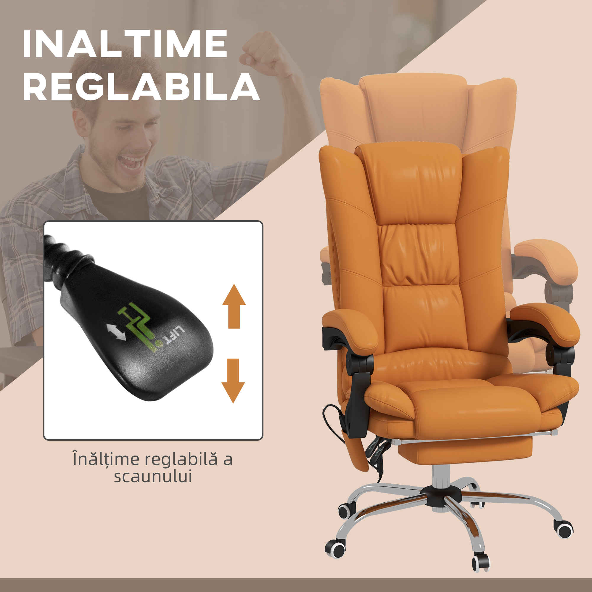  Scaun de Birou Masaj cu Vibratii Caldura Scaun de Calculator Suport pentru Picioare Cotiera Spatar Rabatabil Maro Deschis Pentru scoala computer mobila de studiu ergonomic pentru birou munca modern c [4]