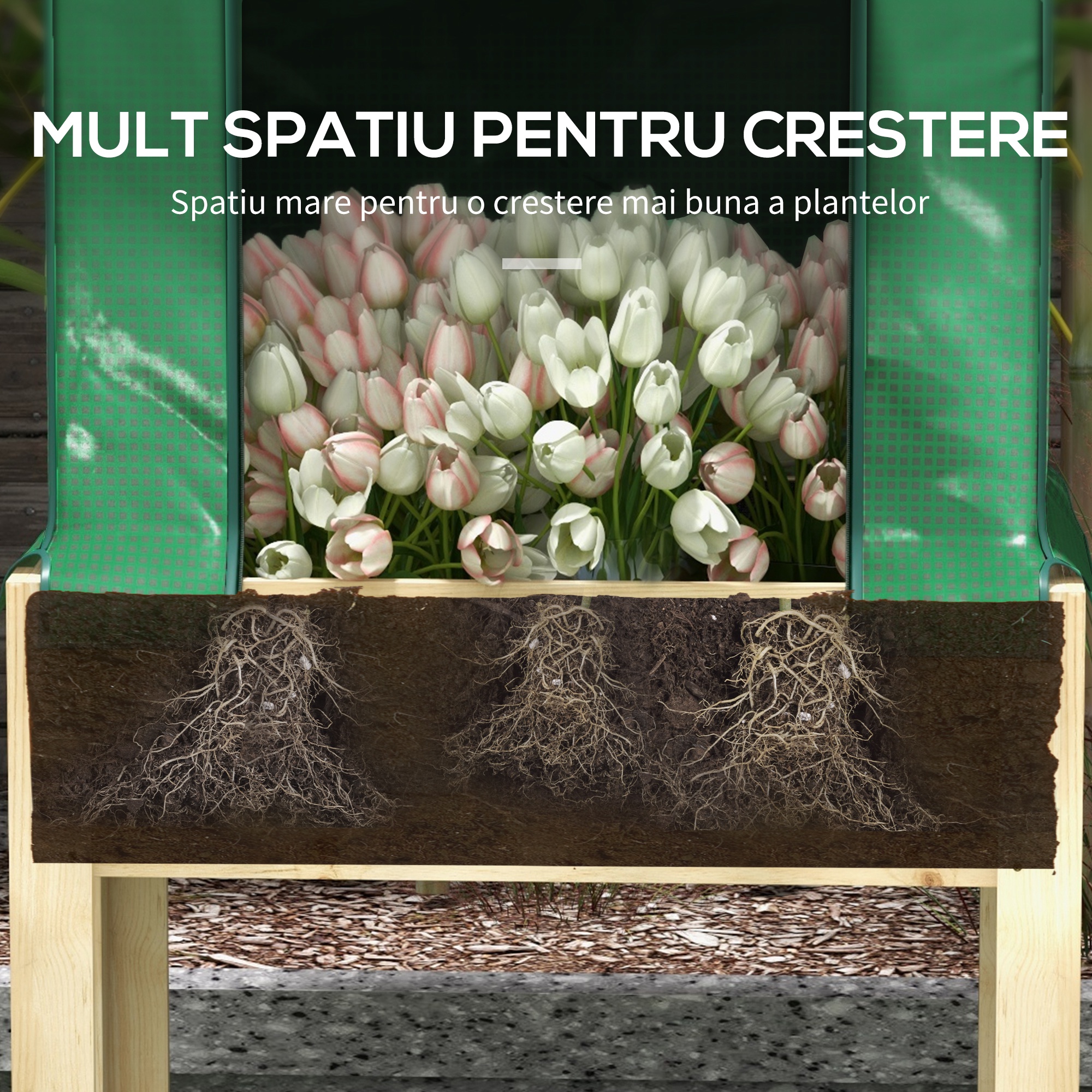  Patura inaltata pentru gradina cu acoperire din PE verde si structura din lemn, 80x60x165cm [6]