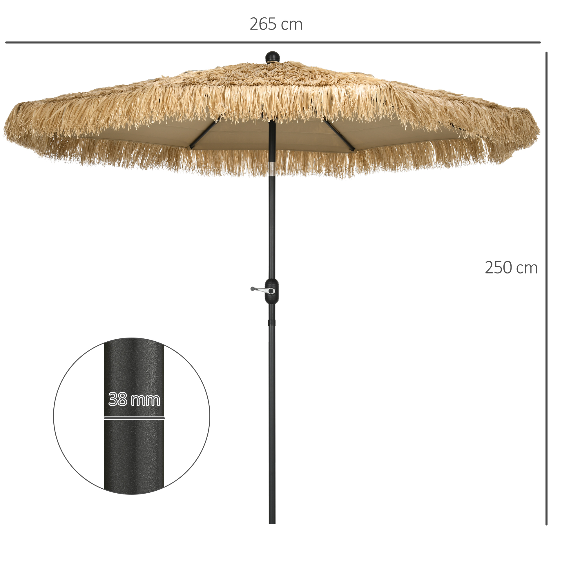  Umbrela pentru gradina cu paie, umbrela rotunda stil Hawai cu manivela, Ø265x250cm, kaki [2]