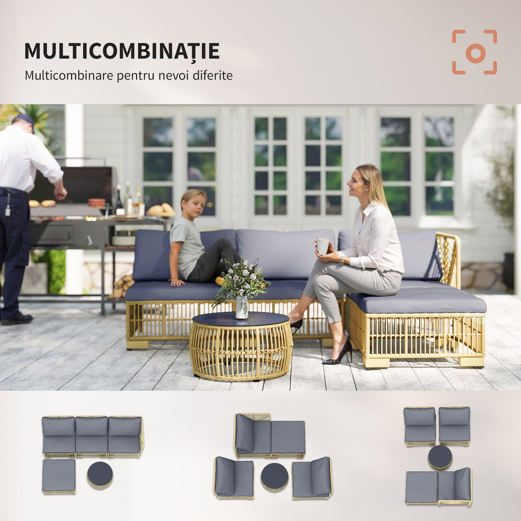  Set de Mobilier din Rachita de 5 Bucati, Gri [6]