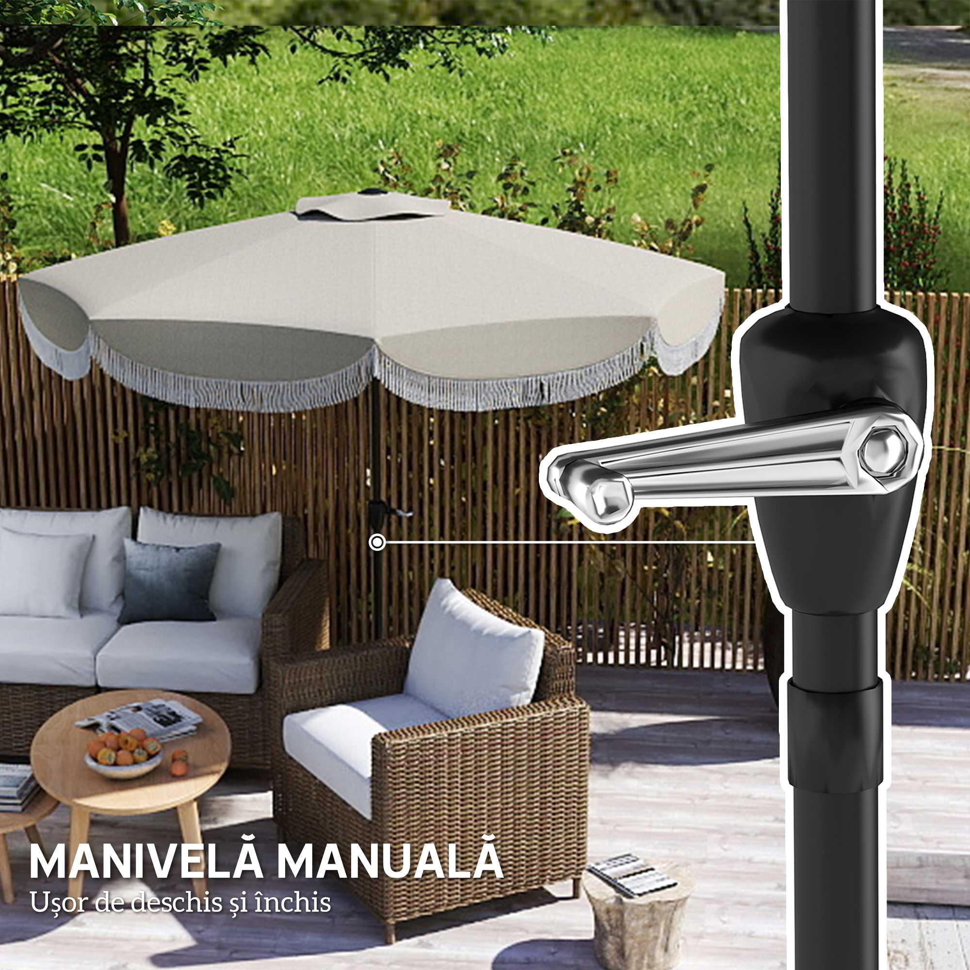  Umbrela de Gradina Inclinabila 2.7x2.7 m cu Manivela, Umbrela Rotunda de Exterior cu 8 Spite, din Metal si Poliester, pentru Curte sau Balcon, UV 30+, Gri Deschis [7]