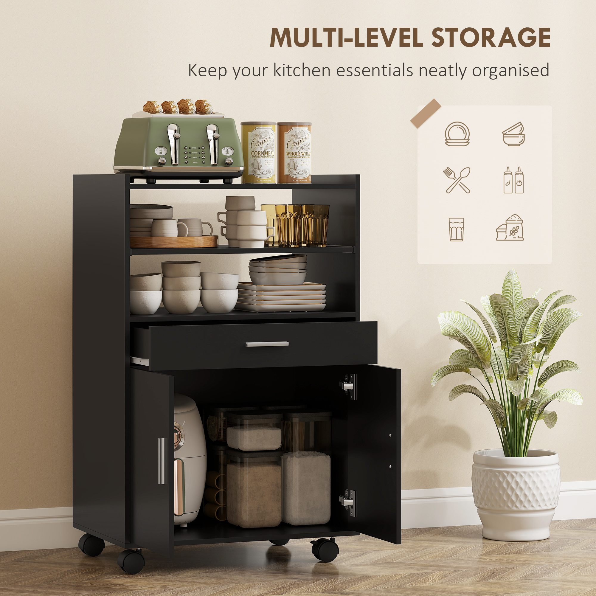  Dulap pentru Cuptorul cu Microunde cu Sertar, Dulap si 2 Rafturi Negru [3]