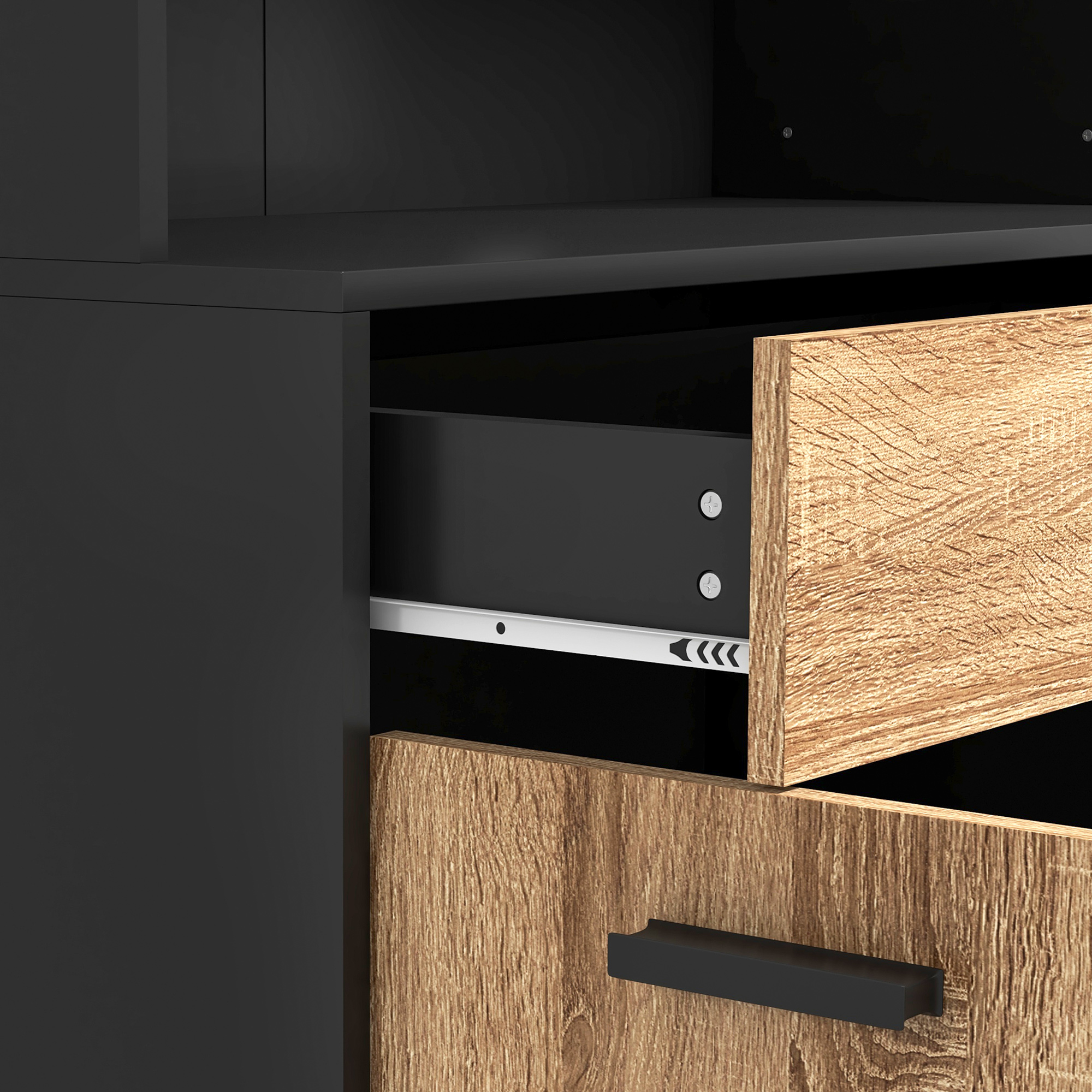  Bufet de Bucatarie din Lemn cu 2 Dulapuri cu Usi Duble si Sertar, 80x40x180 cm, Negru si culoare Lemn [7]