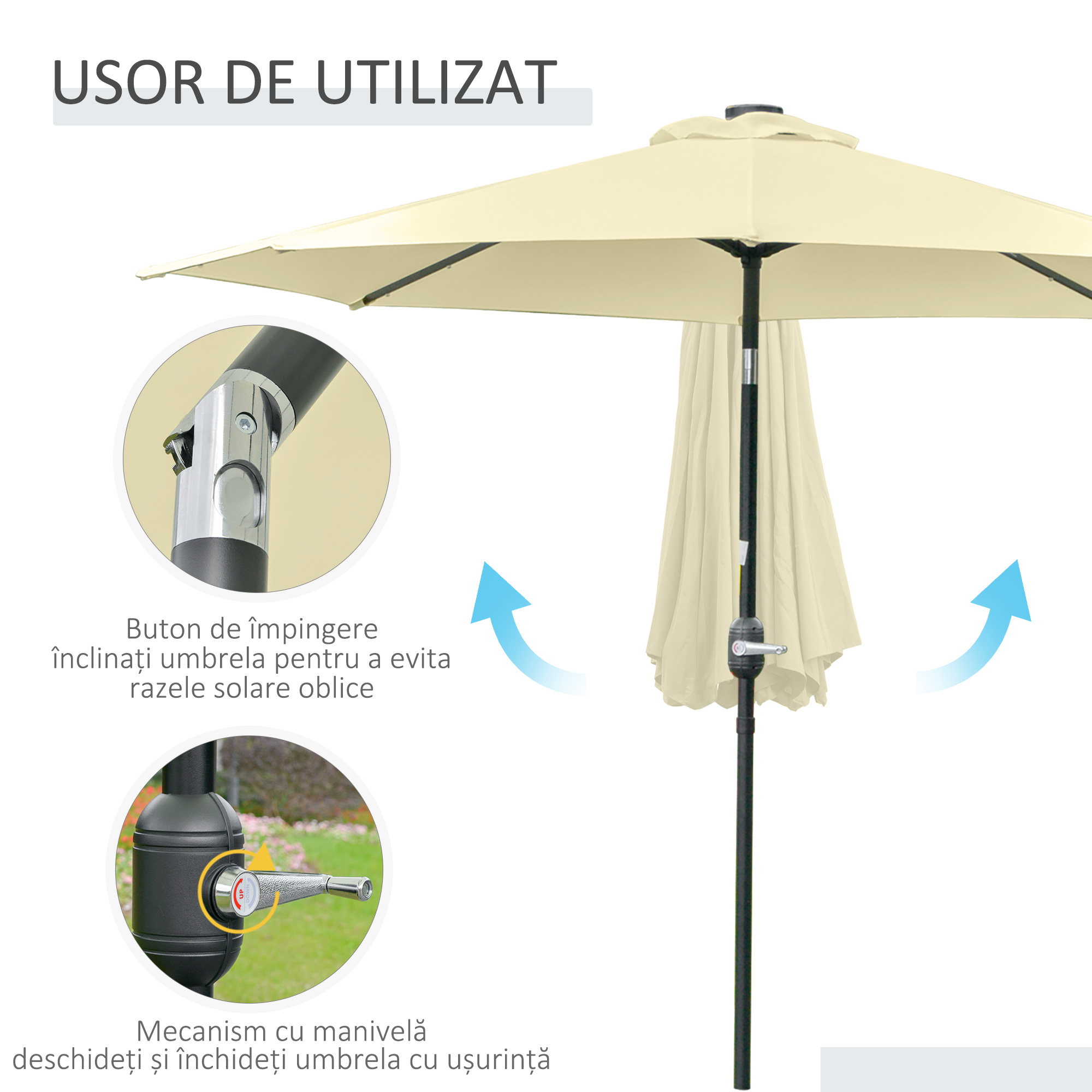  Umbrela de Gradina Inclinabila Ø265 cm cu 32 Luminile LED Solare si Manivela, Umbrela de Exterior cu 8 Spite, din Otel, Poliester, pentru Patio, Curte, Balcon, Terasa, Bej [5]