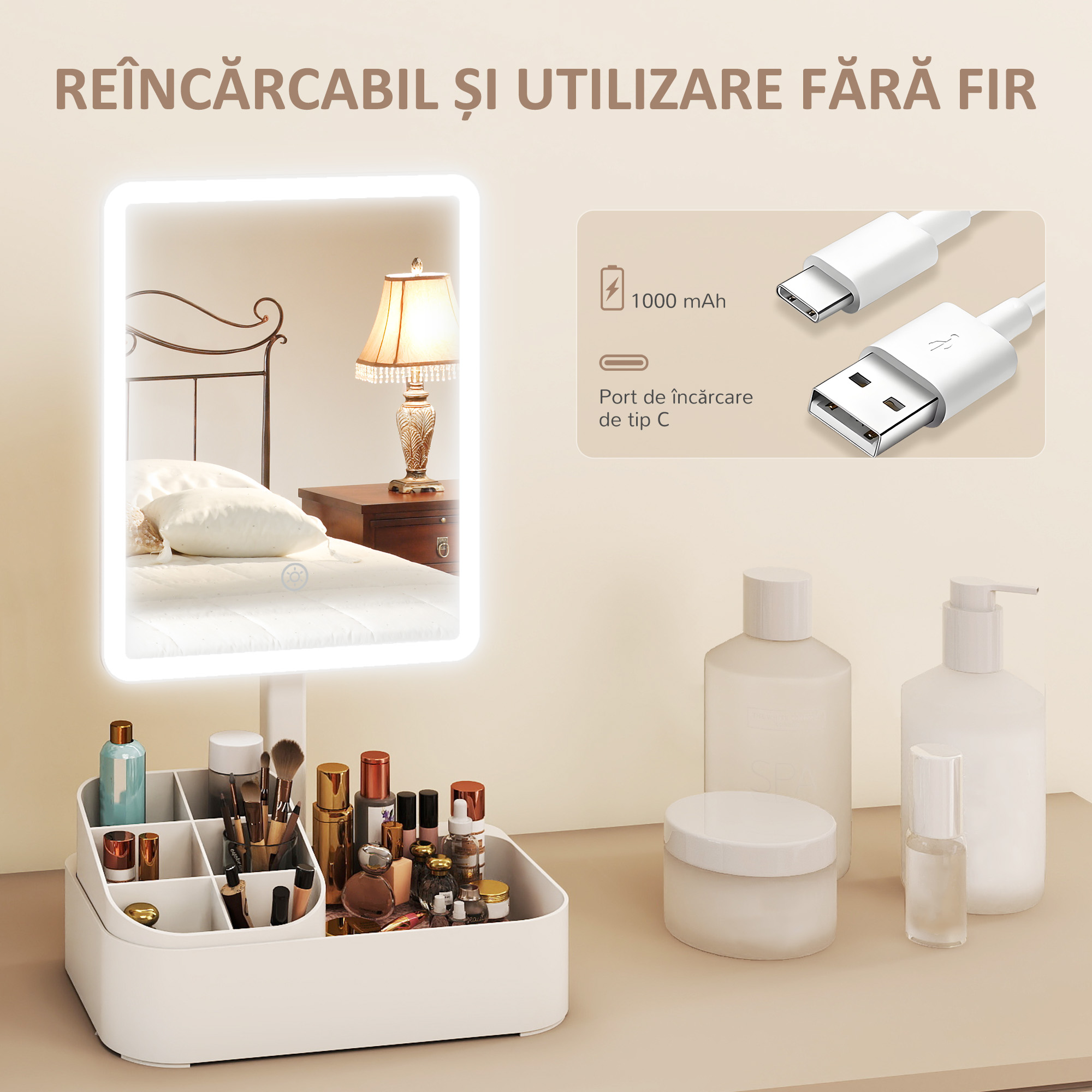  Oglinda de Machiaj cu Lumina, Reincarcabila cu Ecran Touch, 2 Moduri de Iluminare si Rotire 180°, Alb [5]