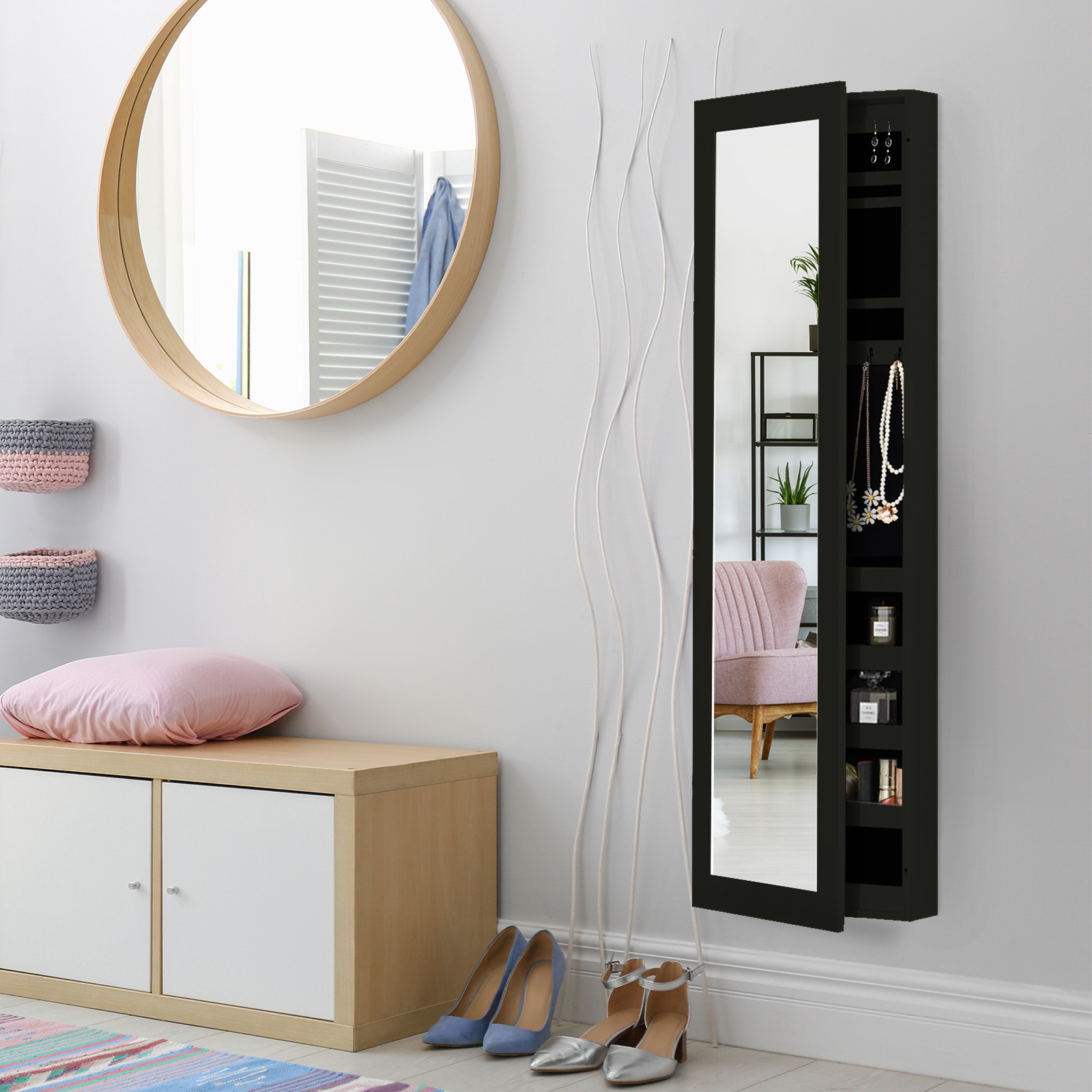  Dulap Bijuterii pentru Perete cu Oglinda din Lemn MDF, Negru,37x9.5x121cm [1]