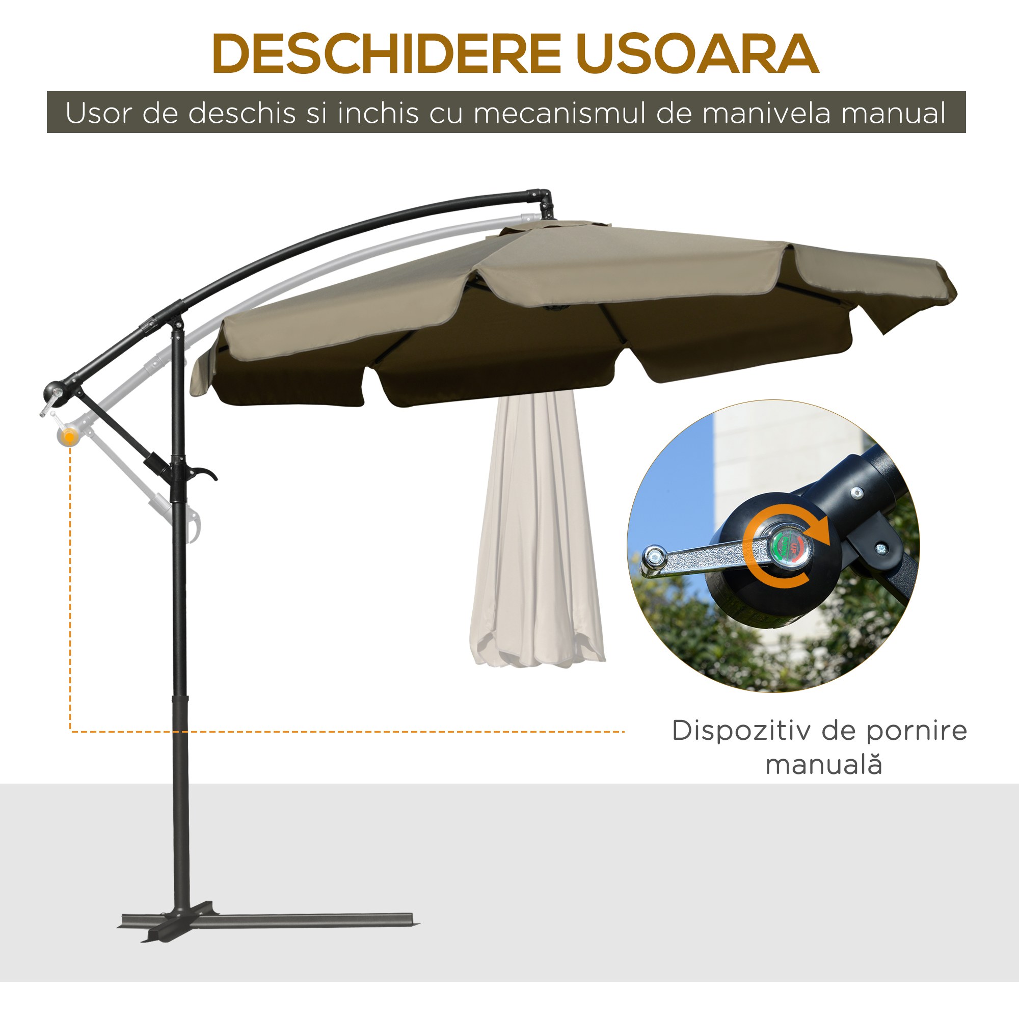  - Umbrela de gradina suspendata, cu deschidere cu manivela, din metal si poliester, Ø2,7x2,7 m, cafenie [3]