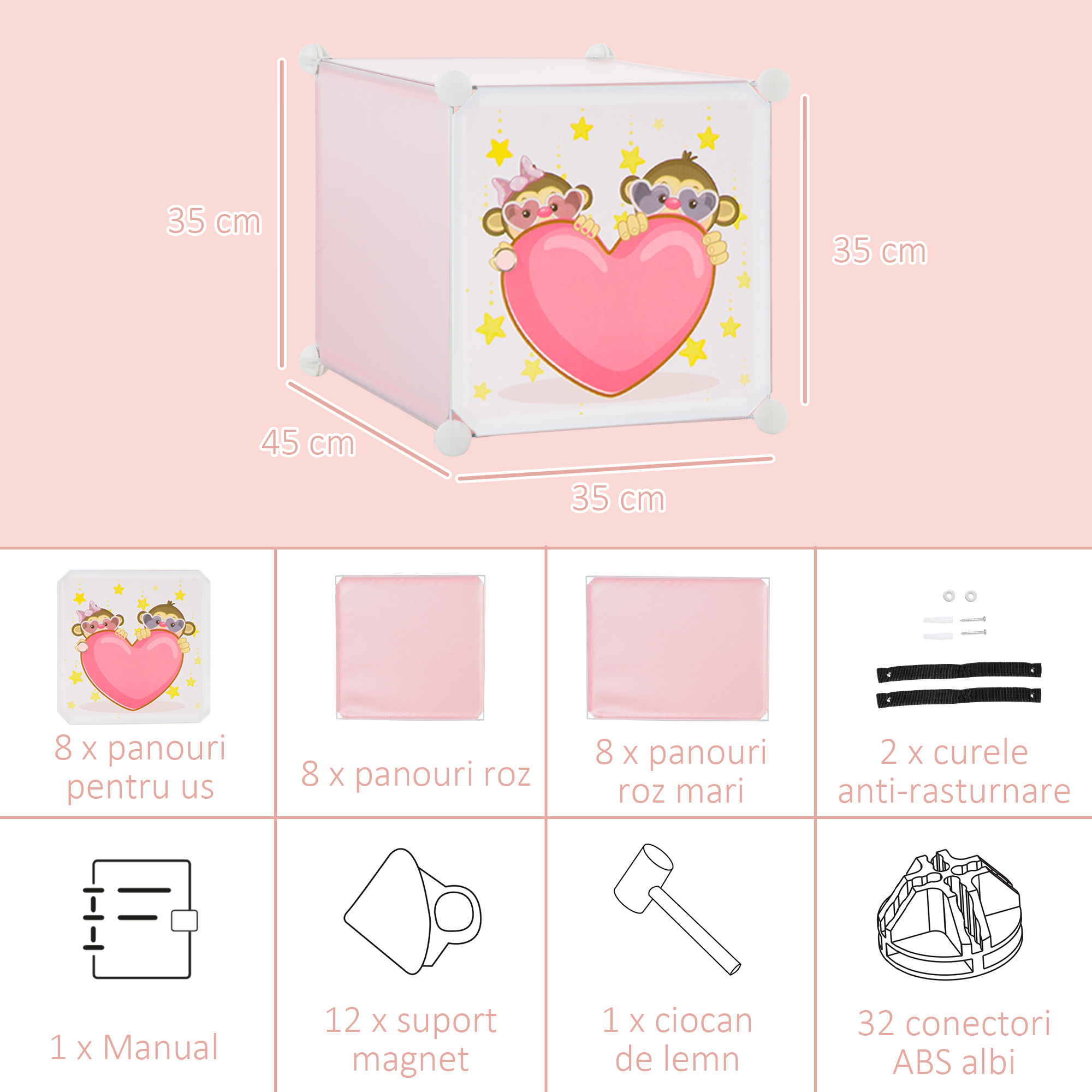  Mobilier pentru incaltaminte modular cu decor animalier, 8 cuburi din plastic PP si otel, 74x47x144cm, Roz [4]