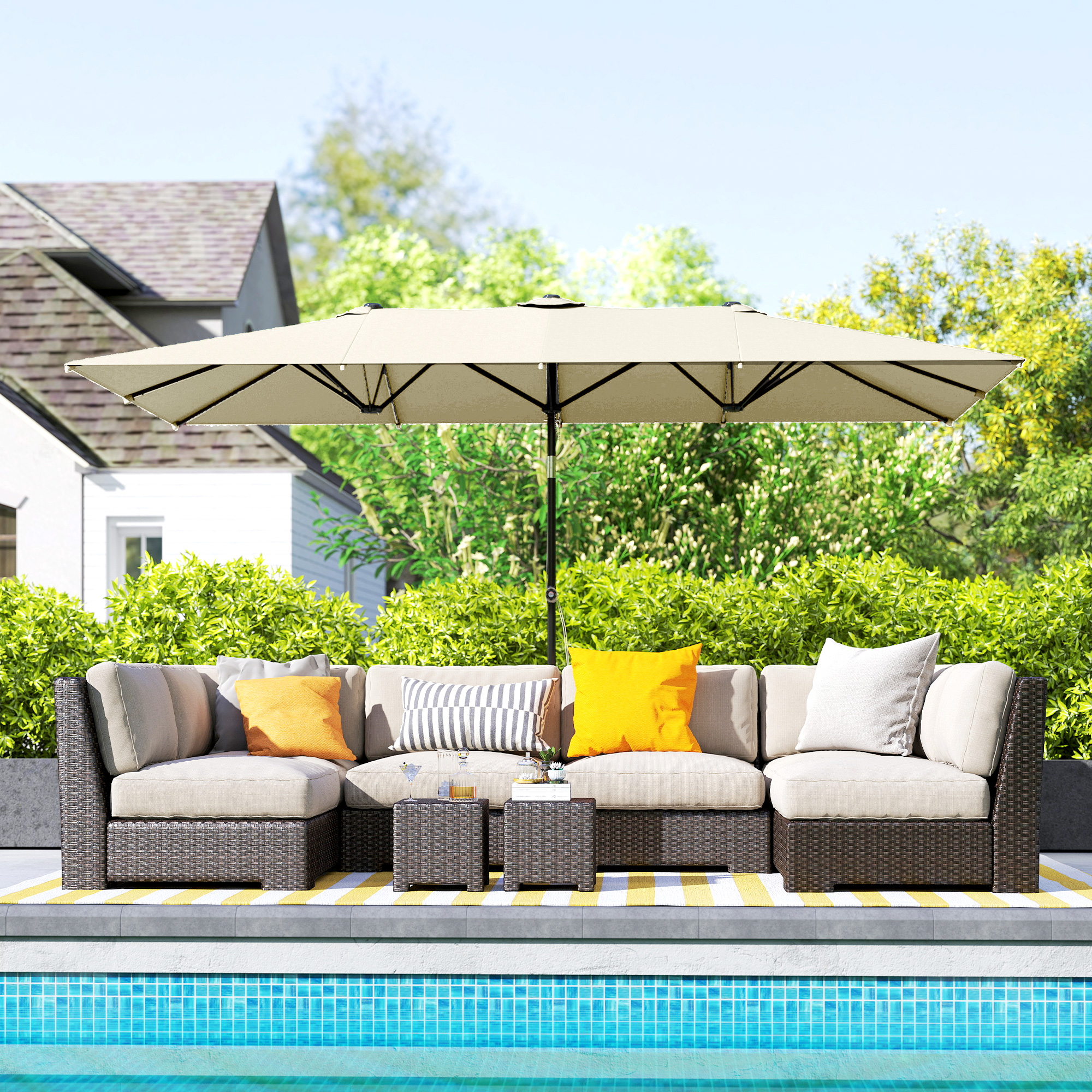  Umbrela Dubla Inclinabila si Reglabila cu Franghie, din Poliester si Metal, 150x295x170-214 cm, Crem [8]