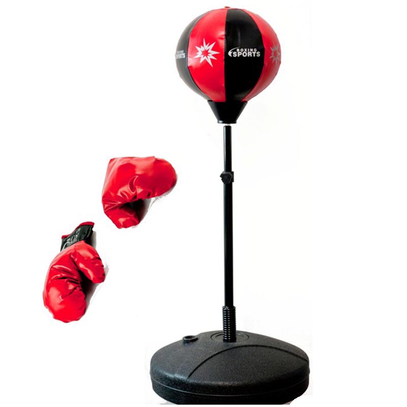 Mobila - Set sac de box pentru copii, cu baza stabila, reglabila 90–124 cm, manusi si pompa incluse, negru-rosu