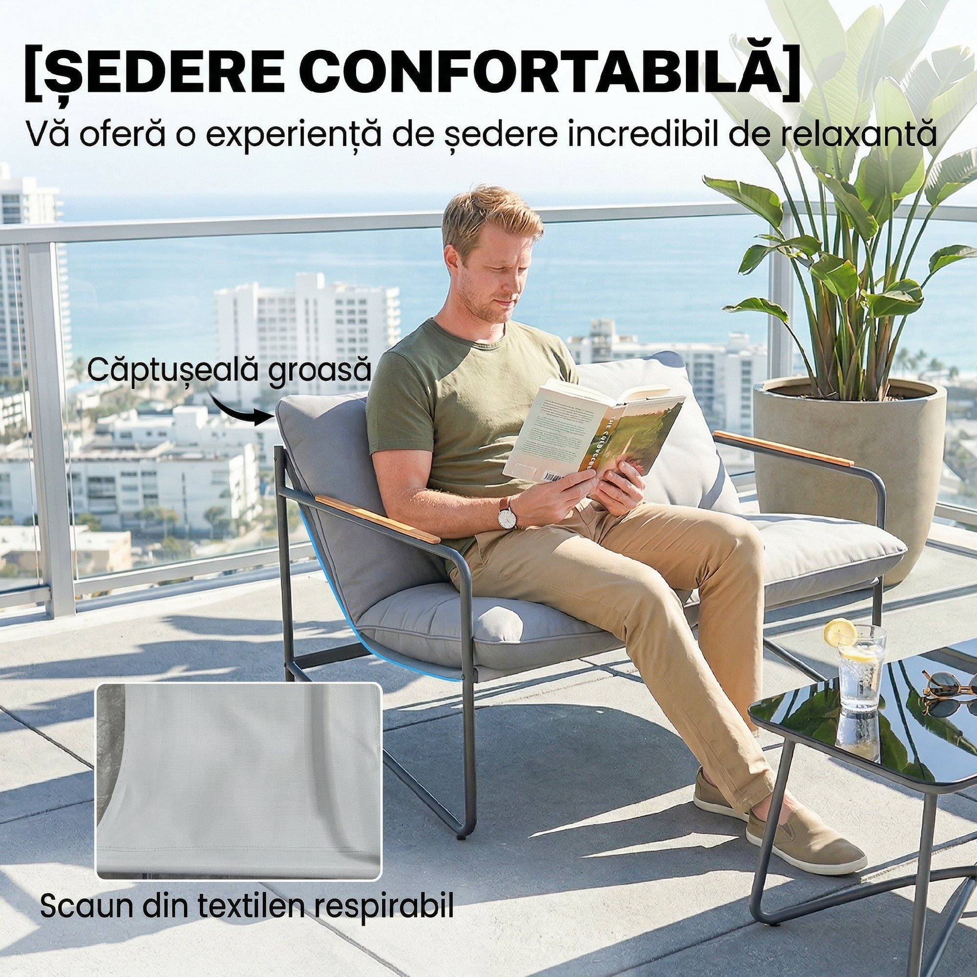 Set de Gradina  cu Canapea, 2 Fotolii si Masuta cu Blat din Sticla, Mobilier de Exterior cu Perne Groase, Gri Deschis [4]