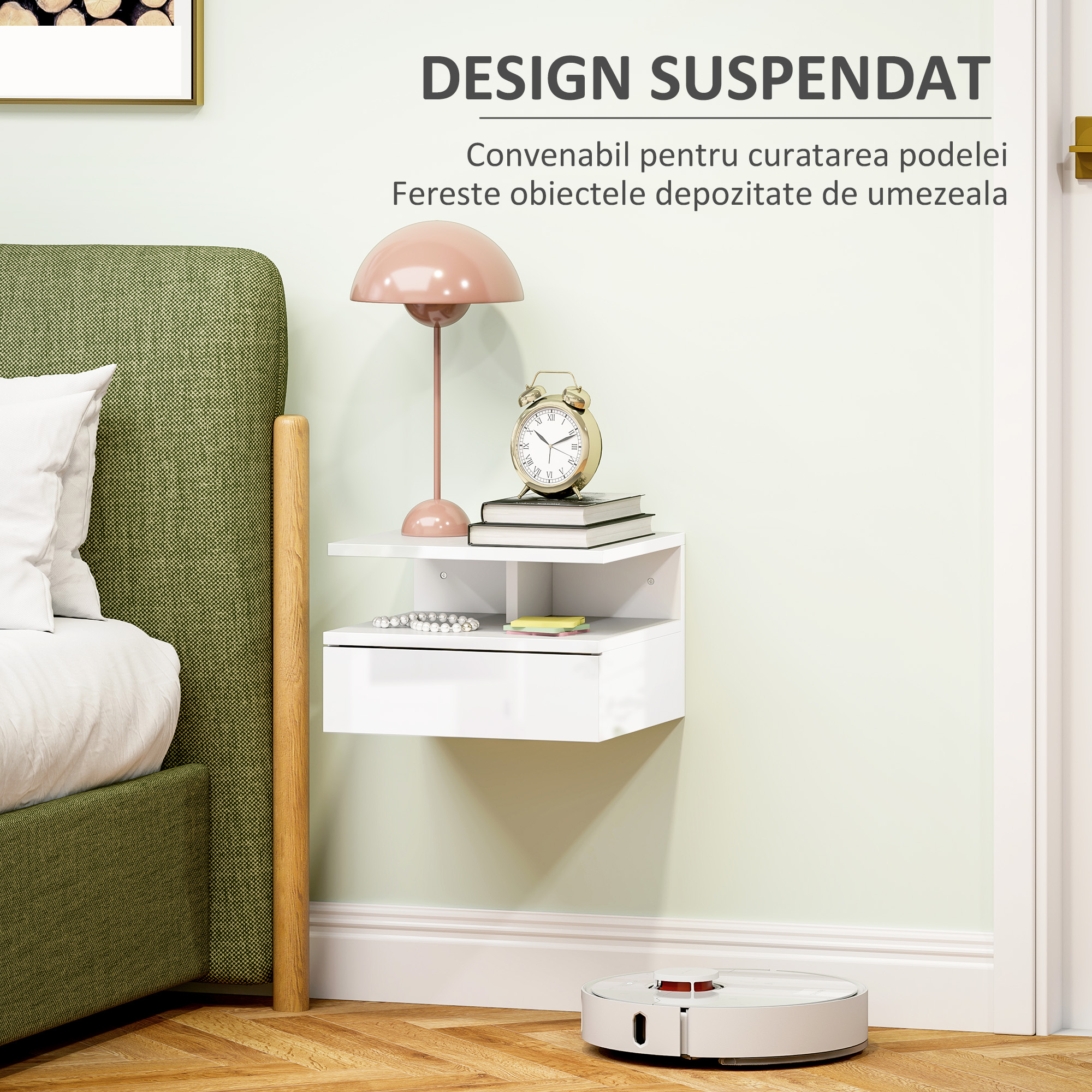  Noptiera Suspendata pentru Dormitor cu Sertar si Raft Deschis din Lemn, 35x32x22.5 cm, Alb [3]