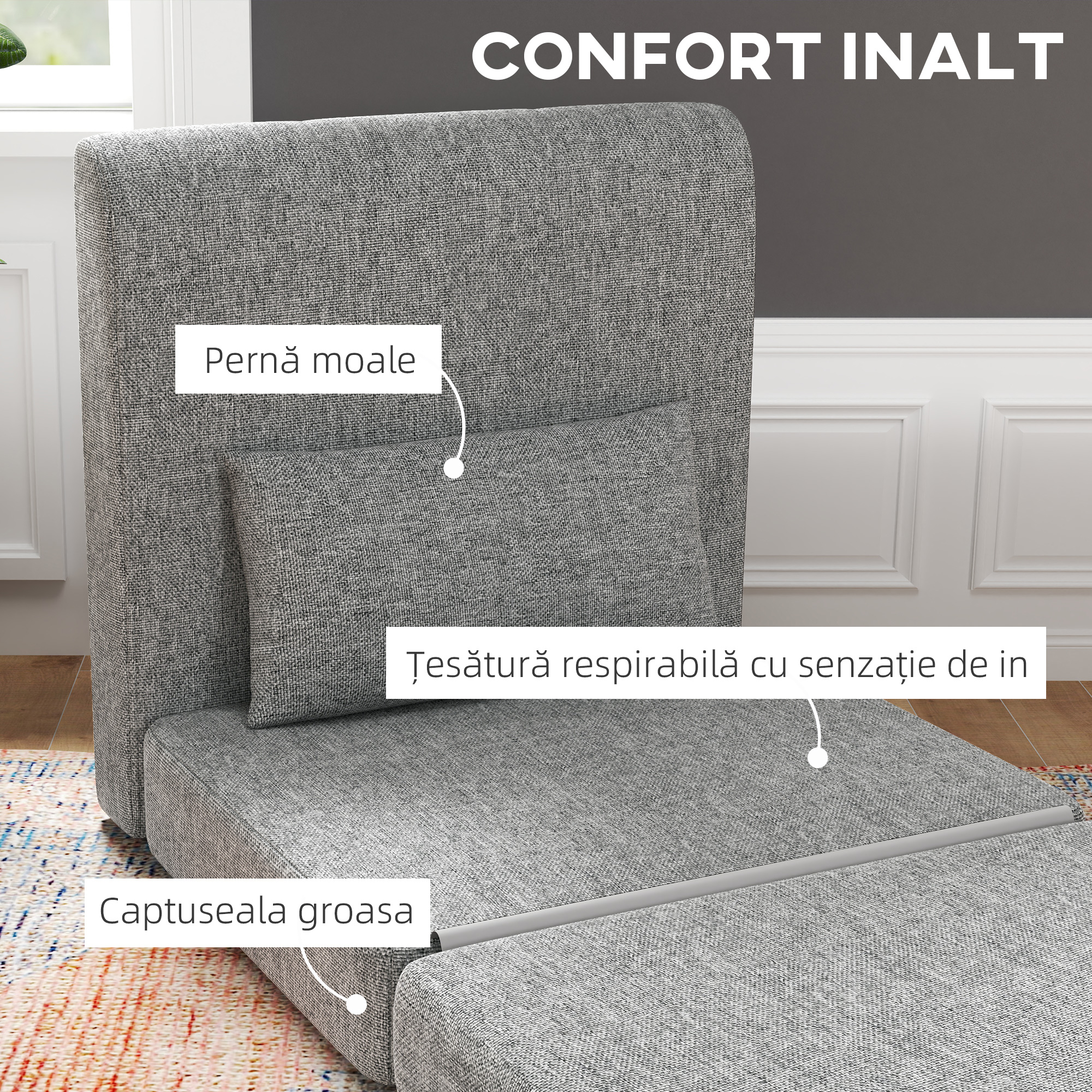  Fotoliu Pat Pliabil cu 3 Sectiuni, 80x75x74 cm, Gri [4]