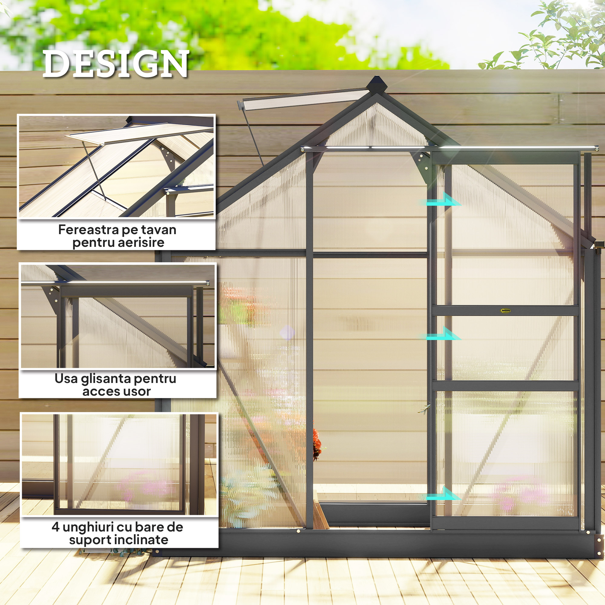 Sera de Gradina din Policarbonat Anti-UV cu Fereastra si Usa Glisanta, 190x132x201cm [3]