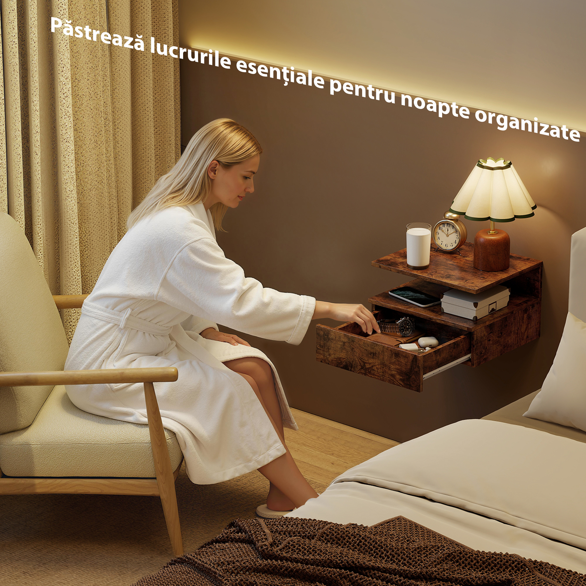  Set de 2 Noptiere Suspendate cu Sertar si Raft Deschis, 35x32x22.5 cm, Maro Rustic [3]