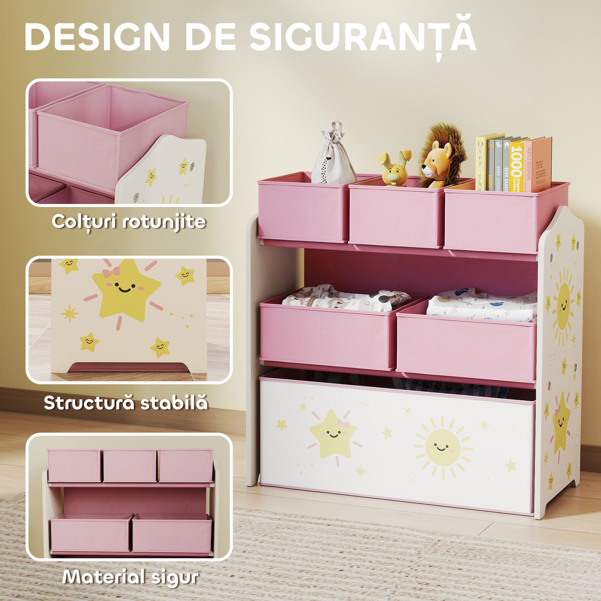  Raft pentru Depozitarea Jucariilor Copii cu 3 Niveluri si 6 Containere din Material Textil Detasabile, Mobilier pentru Camera de Joaca, Dormitor si Living, Roz [4]