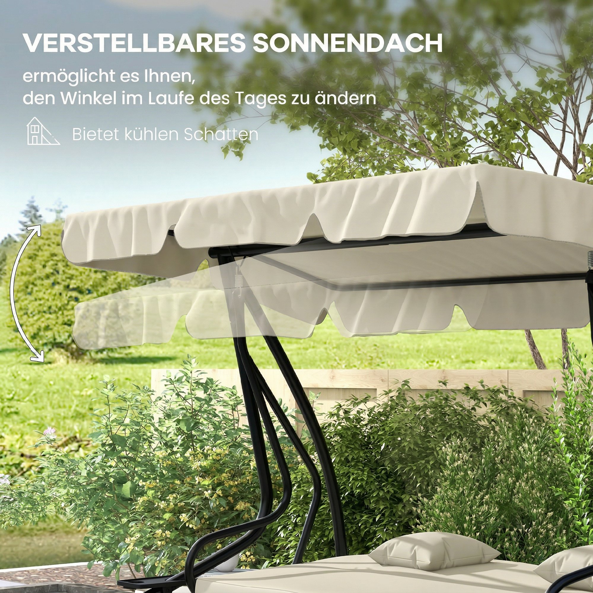  Leagan Pat de Gradina cu acoperis reglabil si tavi, din otel si Teslin, 200x120x164 cm, crem [4]