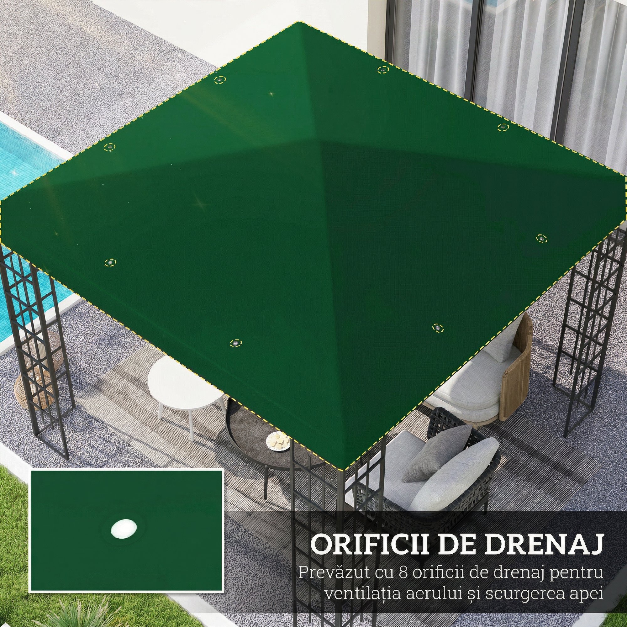  Acoperis pentru Foisor de Gradina 3x3 m din Material Textil Oxford 600D cu Orificii de Drenaj, Verde [3]