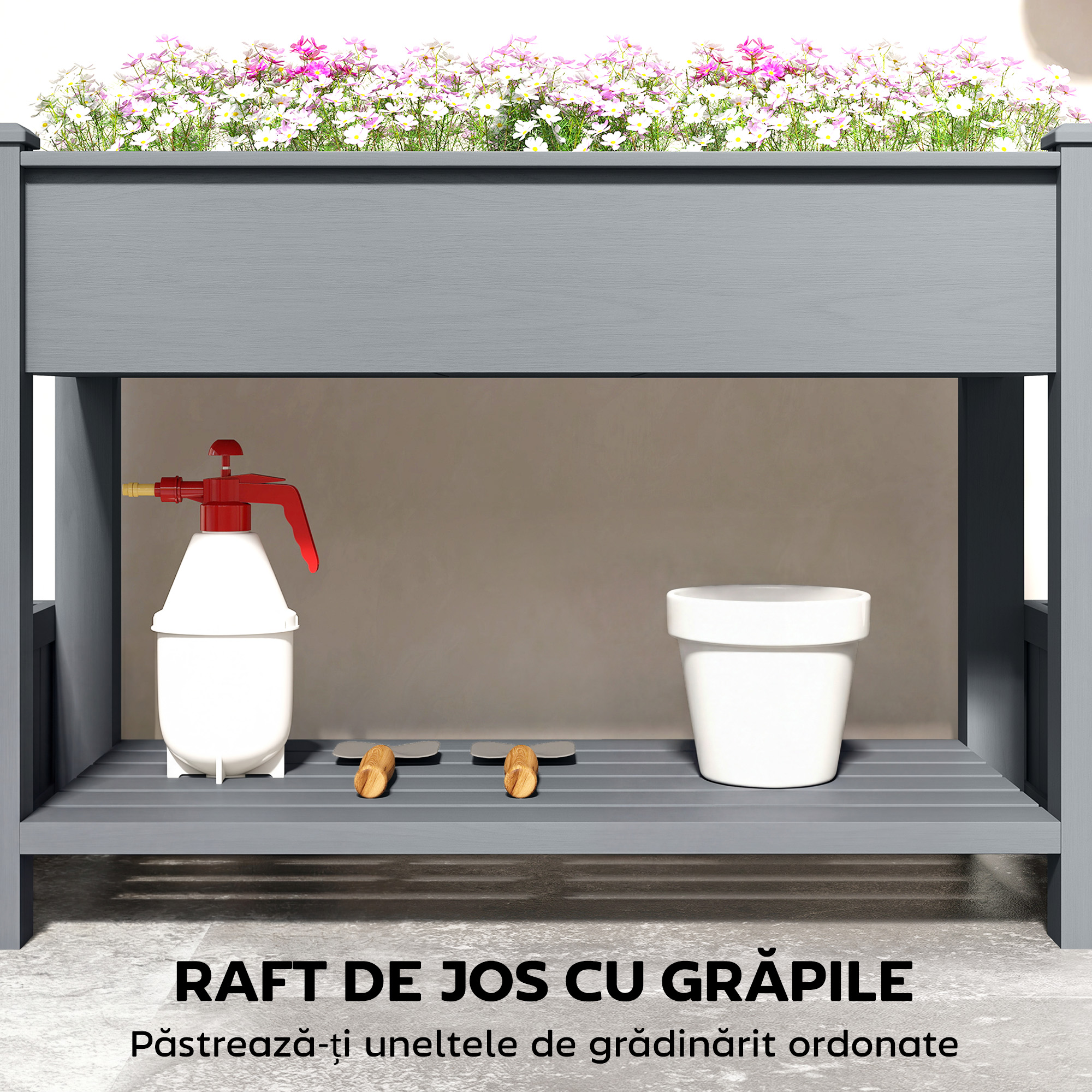  Jardiniera Ridicata cu 2 Ghivece Laterale si Raft pentru Unelte, din Lemn de Brad, 149x46x76 cm, Gri [4]
