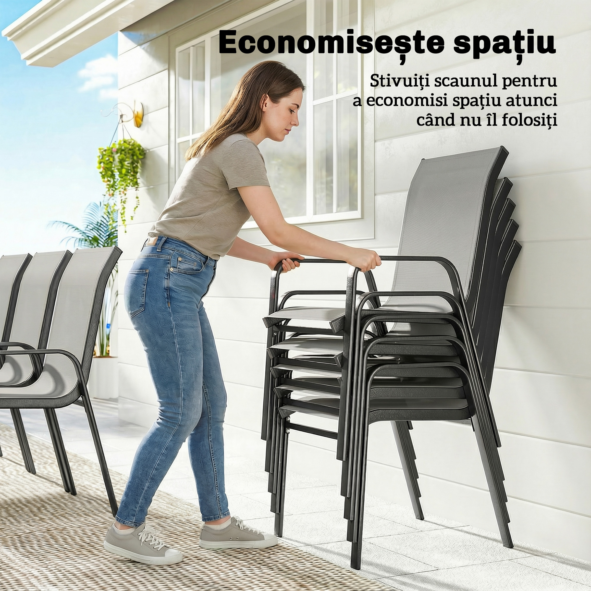  Set de Masa de Gradina 9 Piese, Masa si Scaune pentru 8 Persoane, Set Exterior cu Blat din Sticla Temperata, Gri [3]