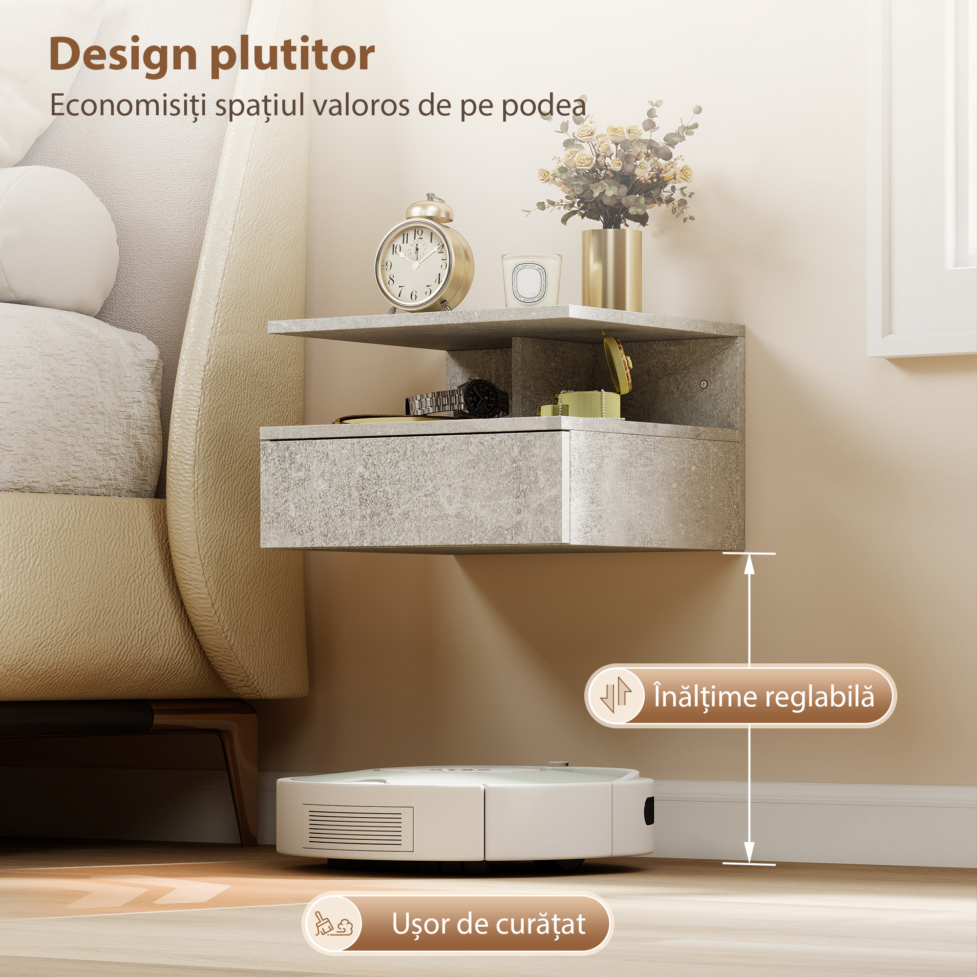  Set de 2 Noptiere Suspendate cu Sertar si Raft Deschis, 35x32x22.5 cm, Gri Ciment [4]