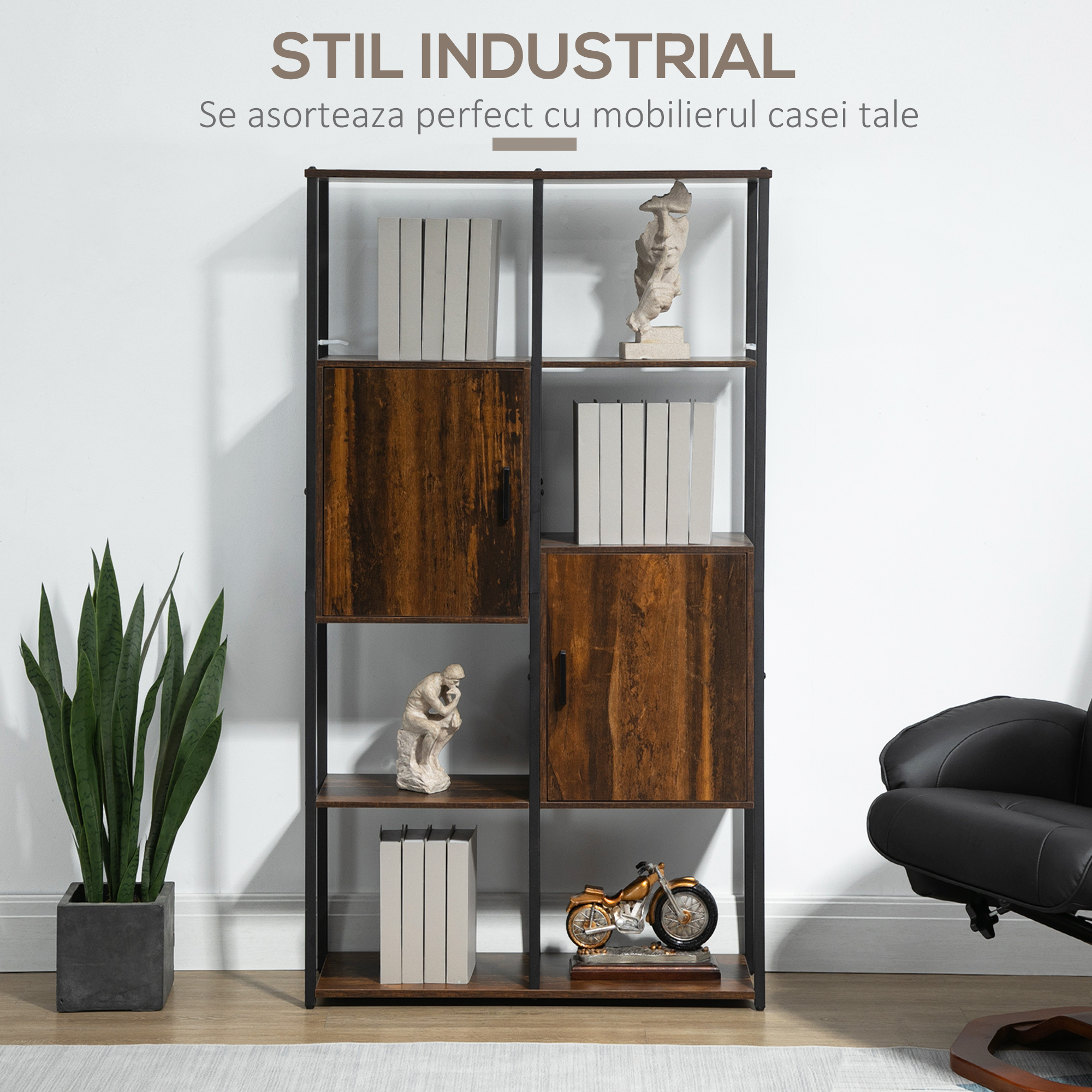  Biblioteca in stil industrial modern cu 4 rafturi si 2 dulapuri, rafturi din metal si lemn pentru casa si birou, 90x30x159,5 cm, negru si maro [3]