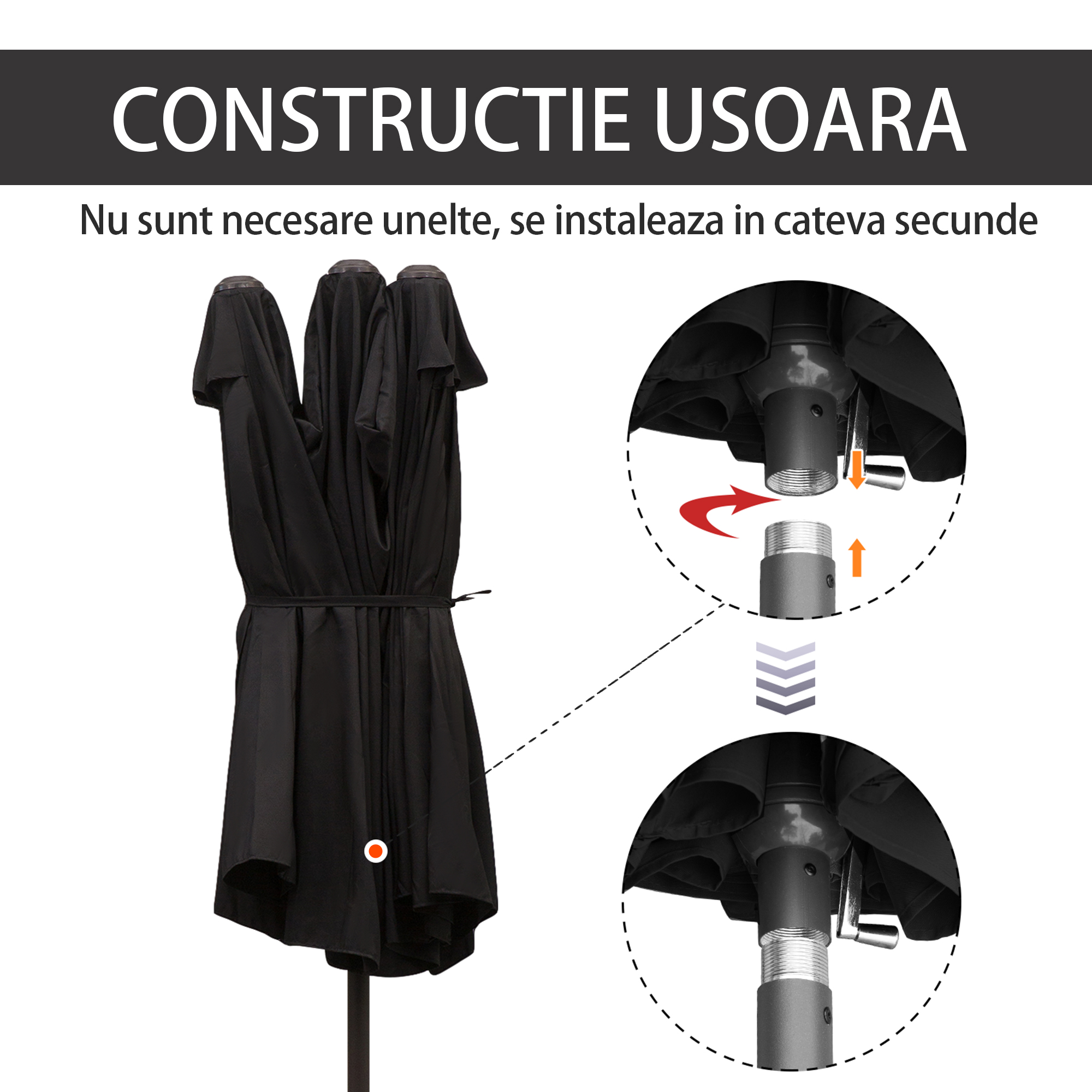  Umbrela de Soare Dubla de Gradina cu Deschidere prevazuta cu Manivela, Otel si Poliester, 460x270x240cm, Negru [5]