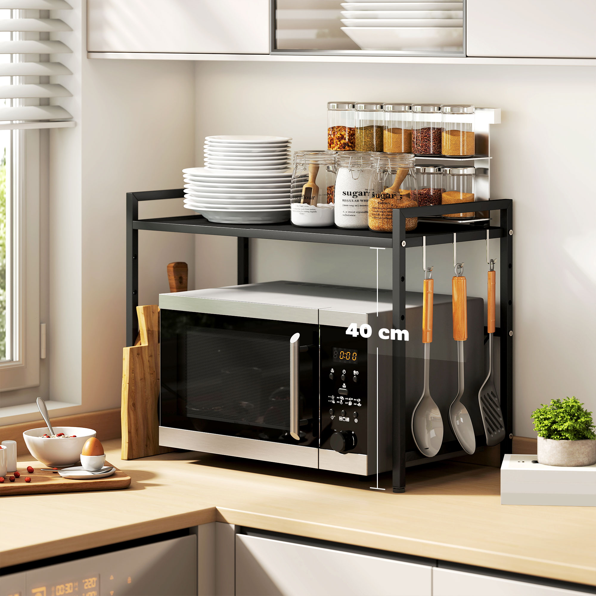  Suport Extensibil pentru Cuptorul cu Microunde cu 2 Nivele si 3 Ganci, din Metal, 39.5-64x32x47.5 cm, Negru [3]