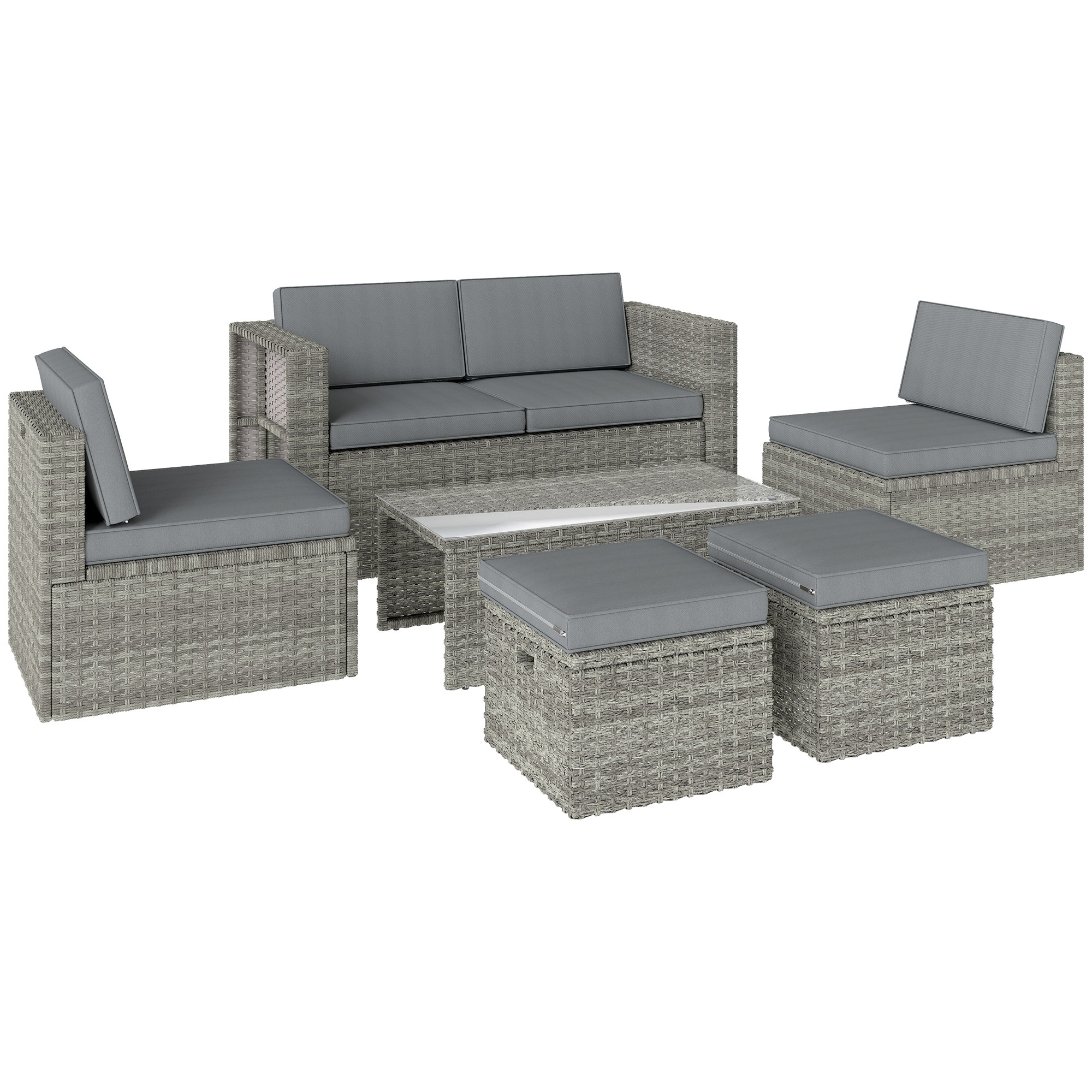 Gradina & balcon -  Set Exterior 6 Piese cu Canapea, 2 Scaune, Masa cu Blat din Sticla si 2 Suporturi pentru Picioare, Gri inchis