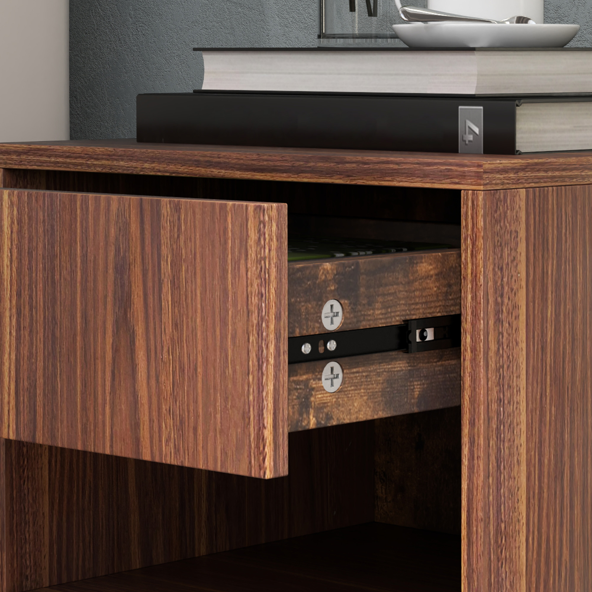  Set 2 Noptiere Suspendate cu Sertar si Raft Inferior Deschis, Noptiere pentru Dormitor din MDF, 40x34x29 cm, Maro [7]